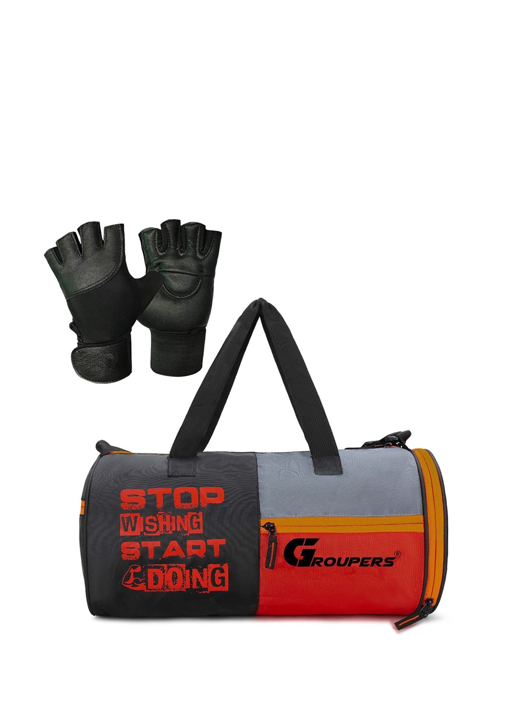 

GROUPERS Unisex Printed Medium Foldable Gym Duffel Bag & Gloves, Black