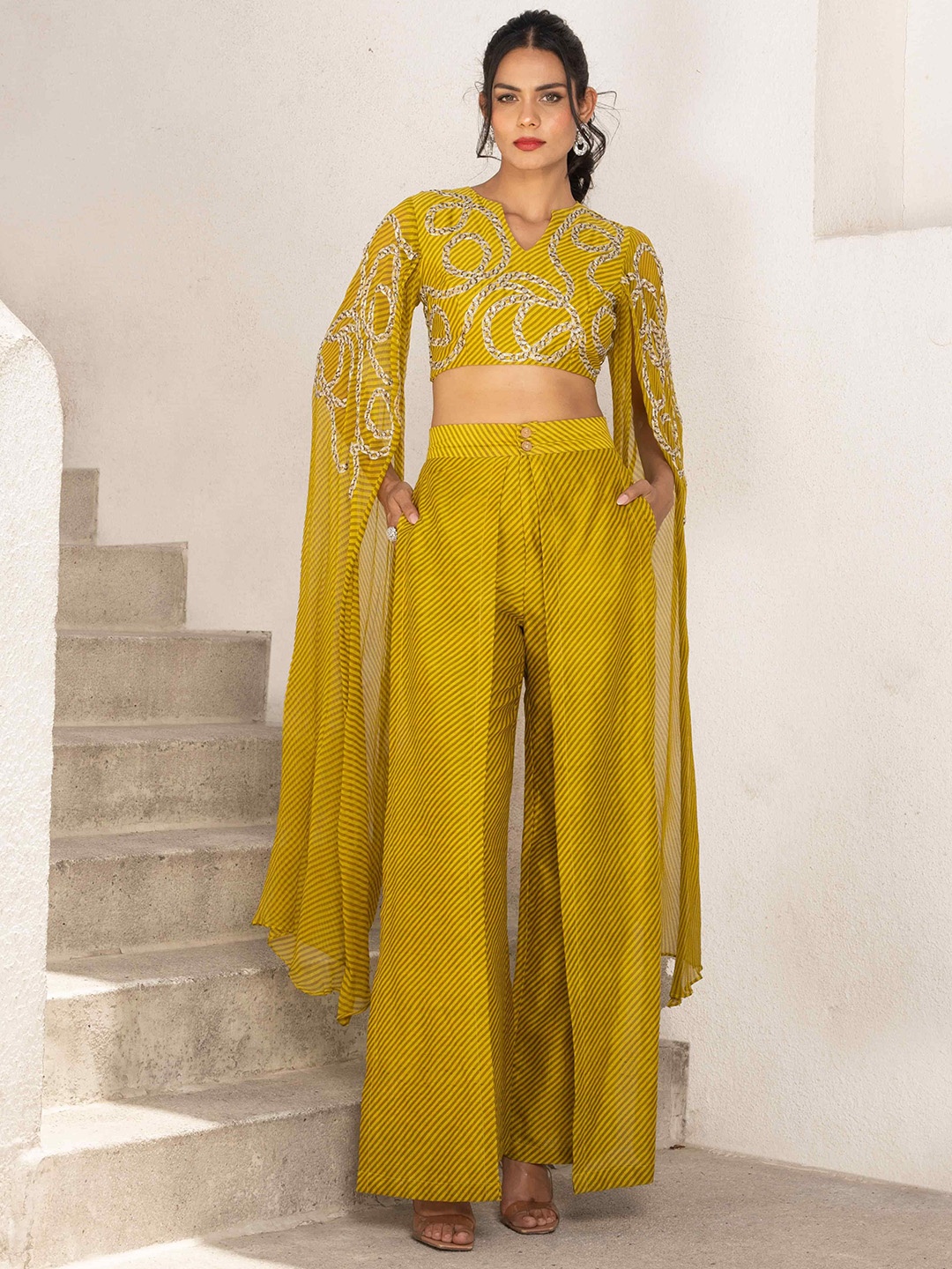 

Pallavi Jaipur Embroidered Crop Top With Palazzos, Olive