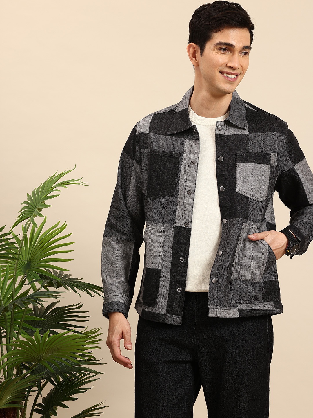 

Mast & Harbour Colourblocked Pure Cotton Shacket, Black
