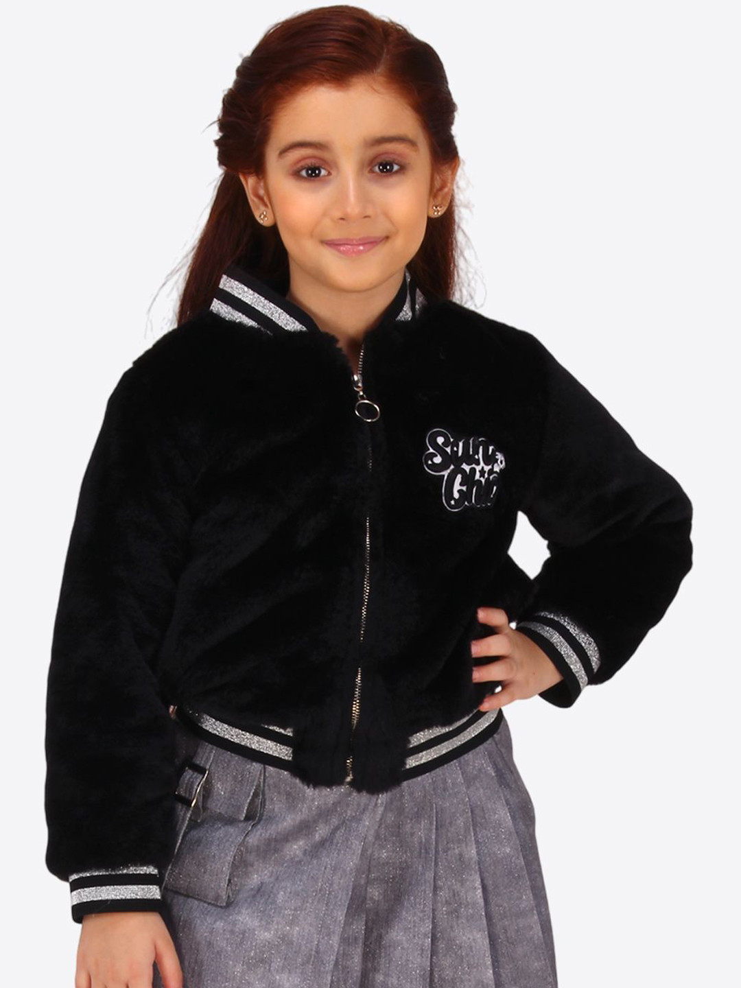 

CUTECUMBER Girls Stand Collar Self Design Faux Fur Casual Bomber Jacket, Black