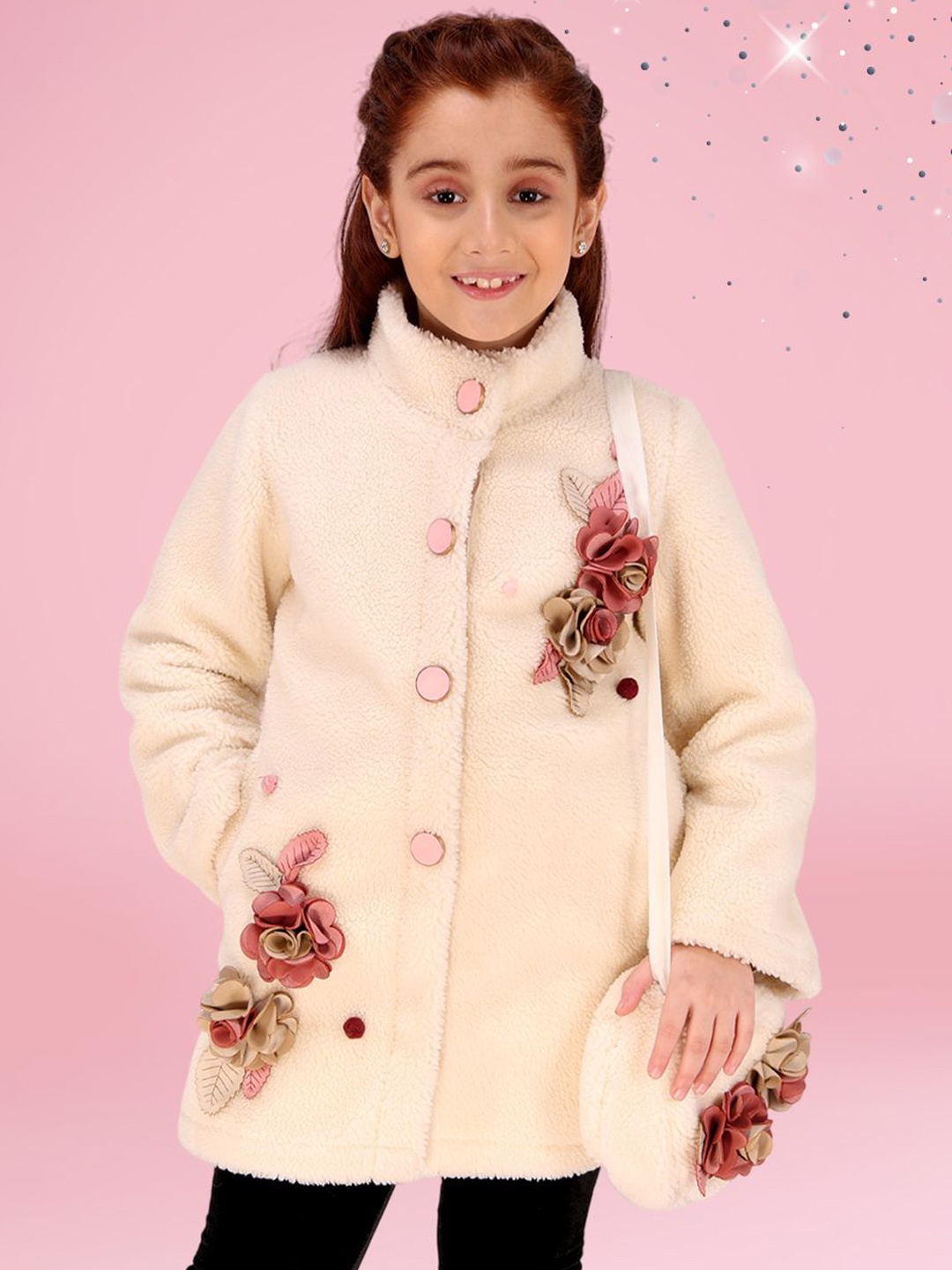 

CUTECUMBER Girls Embroidered Full Sleeve Long Coat, Cream