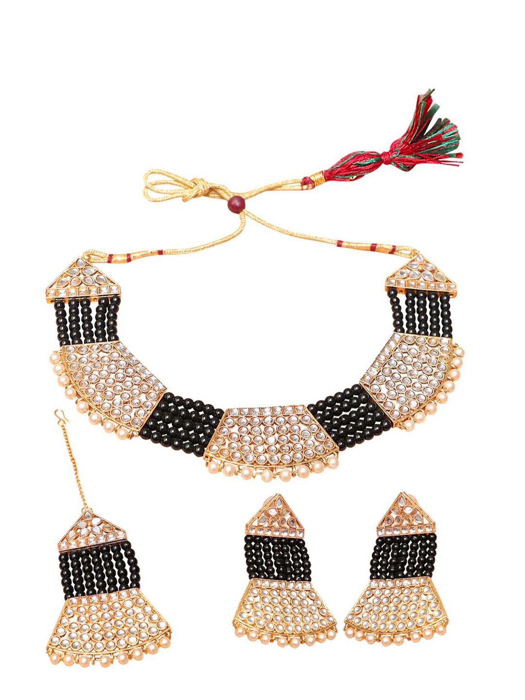 

Ethnicking Gold Plated Kundan Stone Studded & Beaded Necklace and Earrings With Maang Tika
