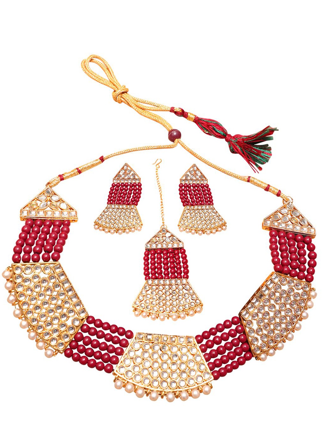 

Ethnicking Gold Plated Kundan Stone Studded & Beaded Necklace and Earrings With Maang Tika