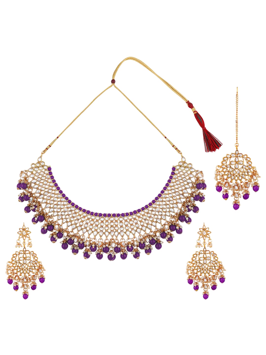 

Ethnicking Gold Plated Kundan Stone Studded & Beaded Necklace and Earrings With Maang Tika