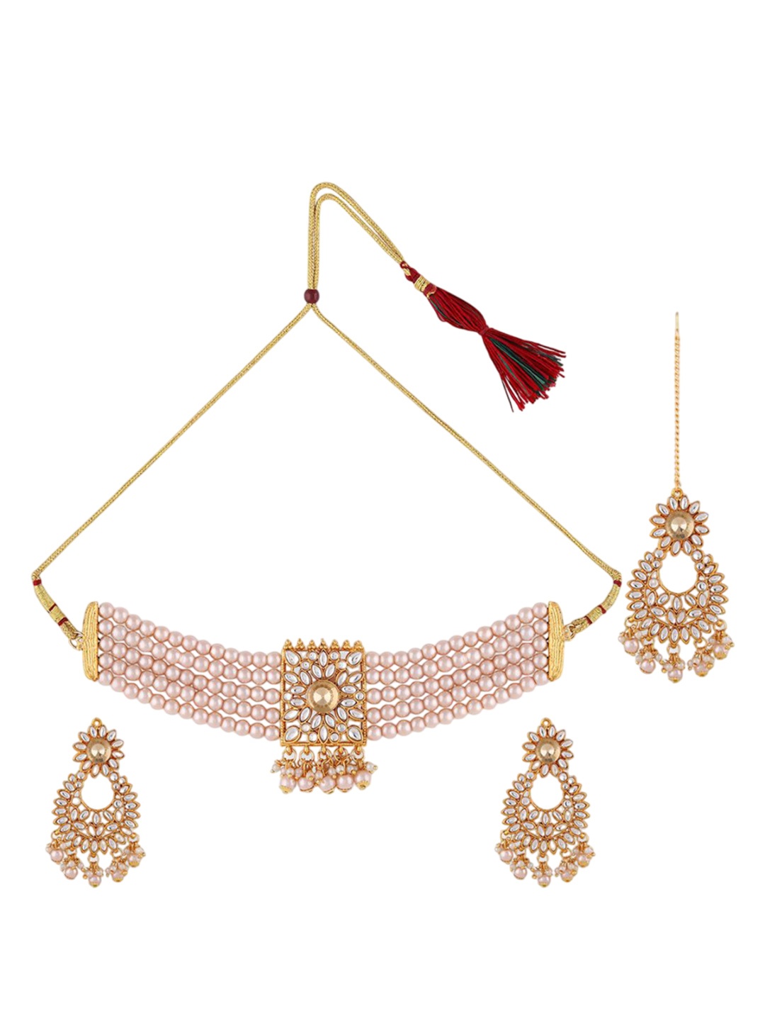 

Ethnicking Gold Plated Kundan Stone Studded & Beaded Necklace and Earrings With Maang Tika