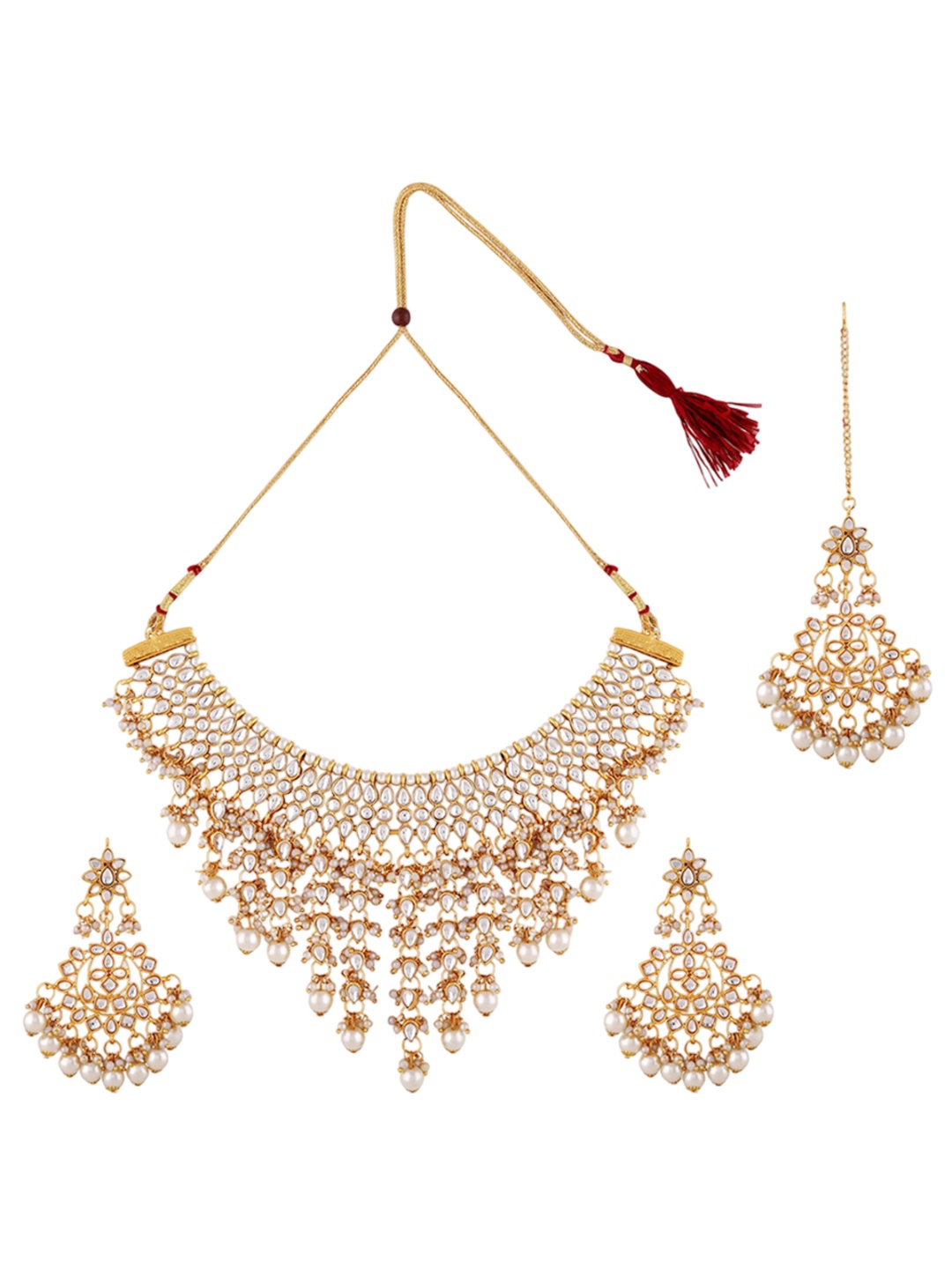 

Ethnicking Gold Plated Kundan Stone Studded & Beaded Necklace and Earrings With Maang Tika