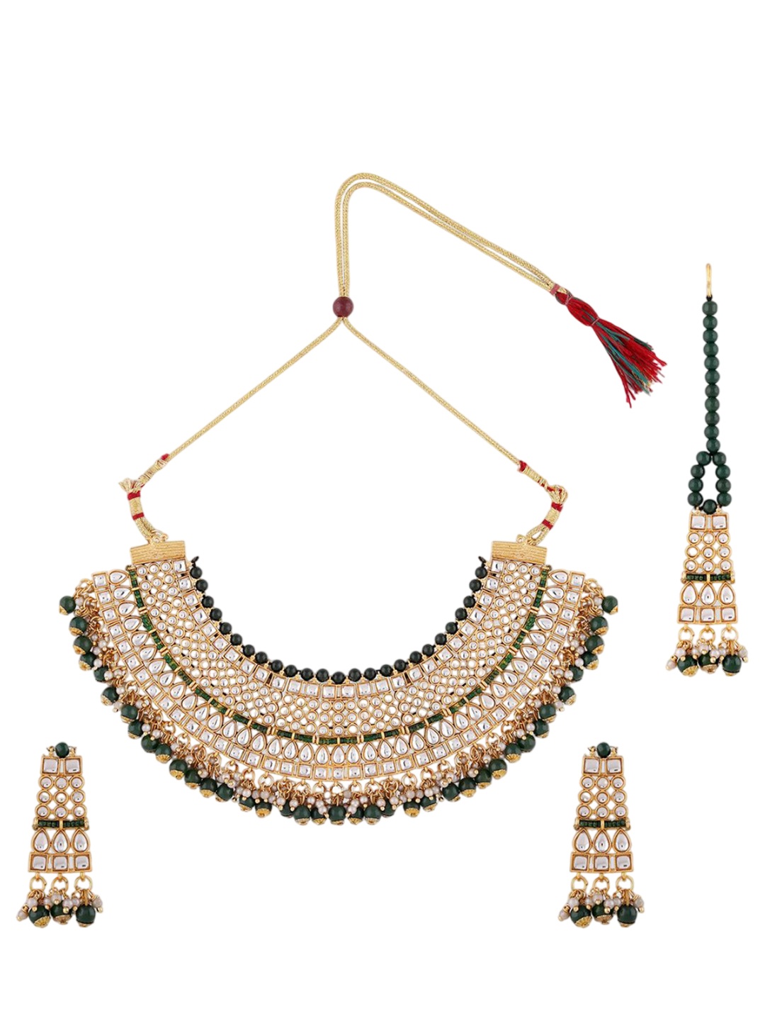 

Ethnicking Gold Plated Kundan Stone Studded & Beaded Necklace and Earrings With Maang Tika