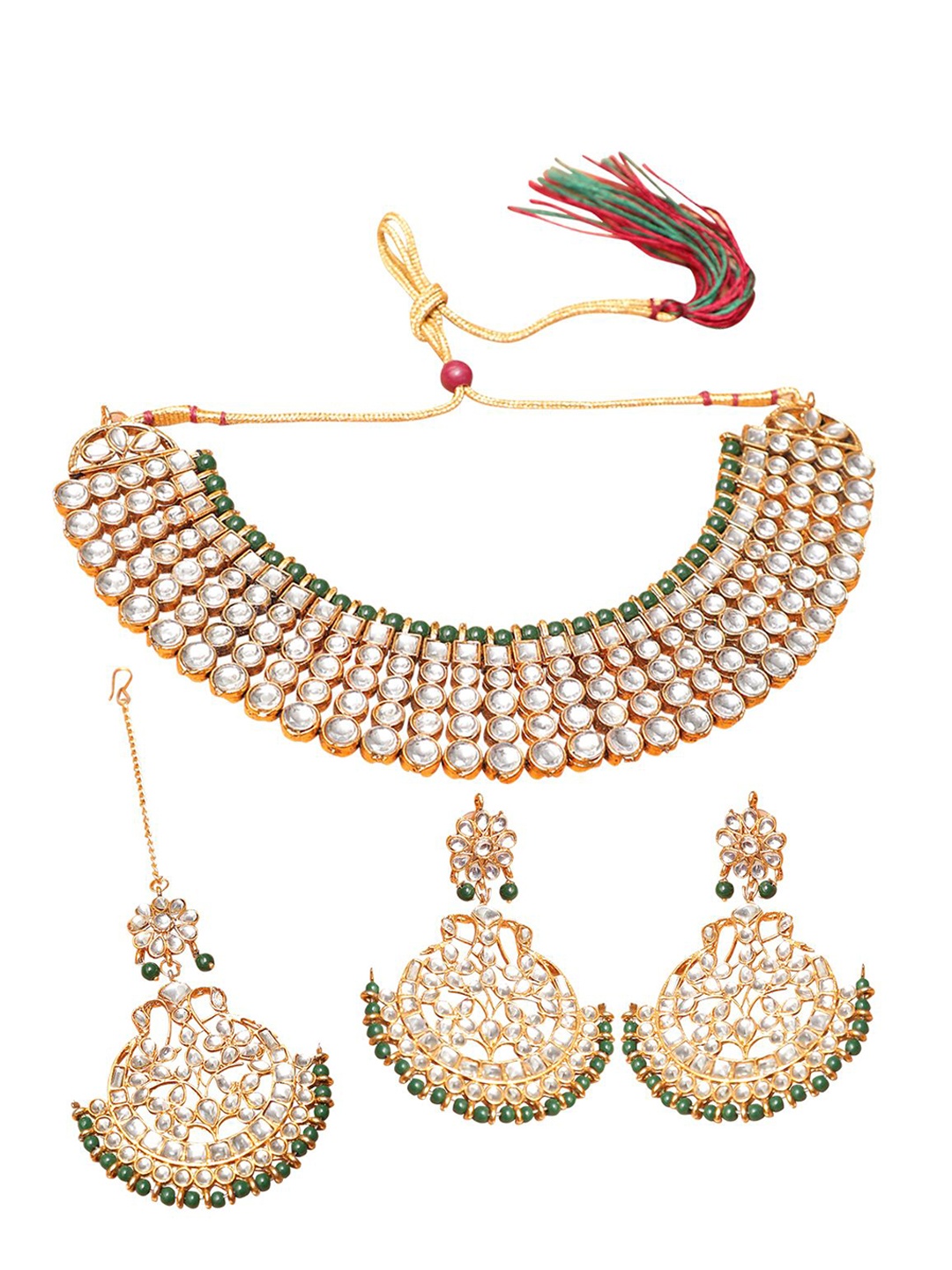 

Ethnicking Gold Plated Kundan Stone Studded & Beaded Necklace and Earrings With Maang Tika