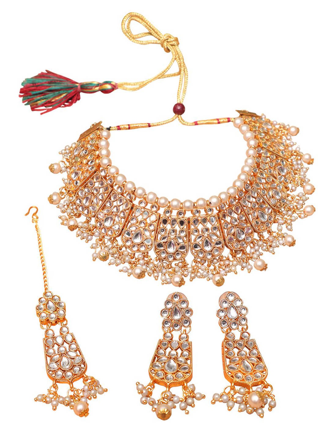 

Ethnicking Gold Plated Kundan Stone Studded & Beaded Necklace and Earrings With Maang Tika