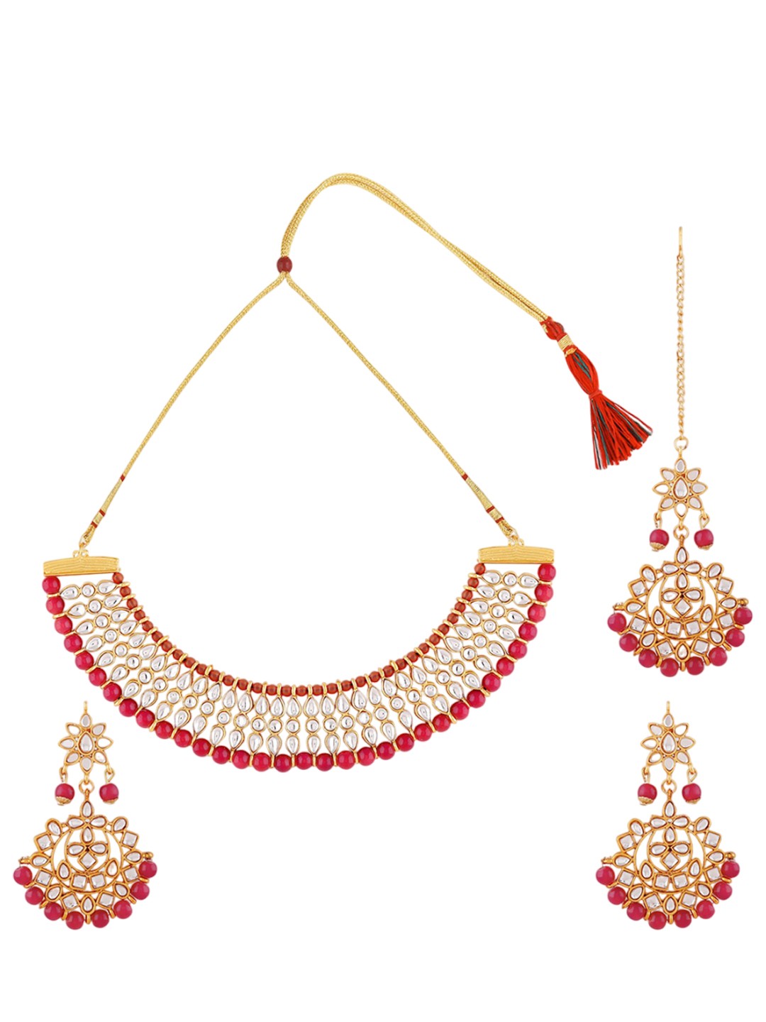 

Ethnicking Gold-Plated Kundan-Studded & Beaded Necklace and Earrings With Maang Tika