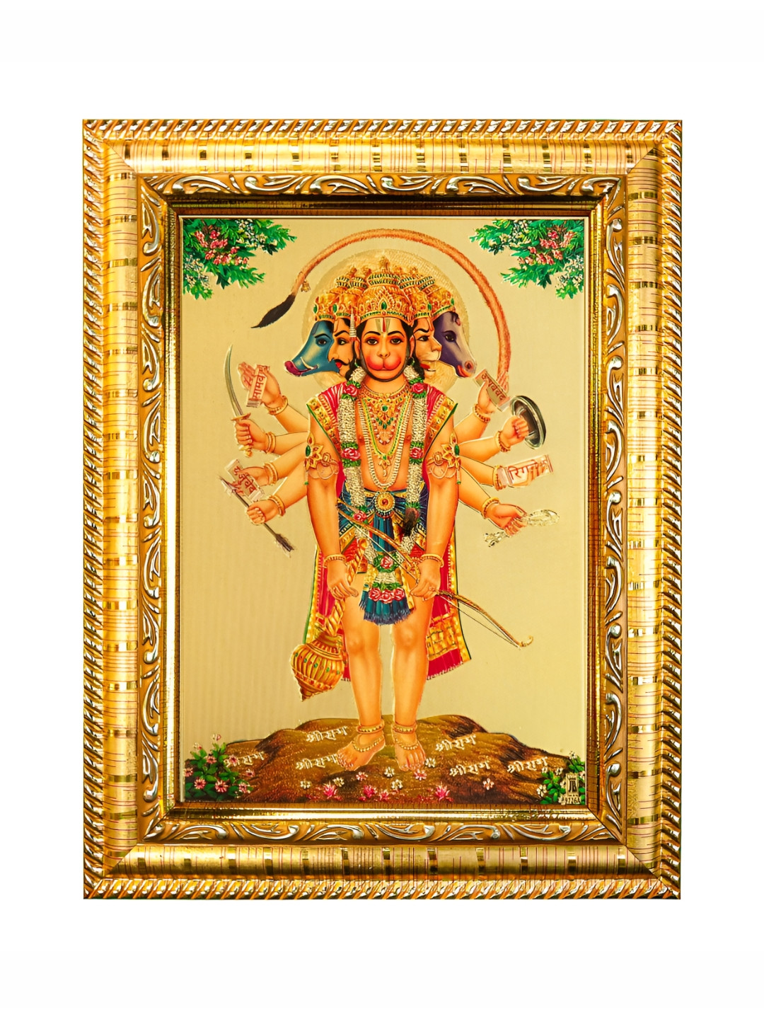 

Hawai Gold-Toned Panchmukhi Hanuman Bajrang Bali Wooden Wall Hanging Photo Frame