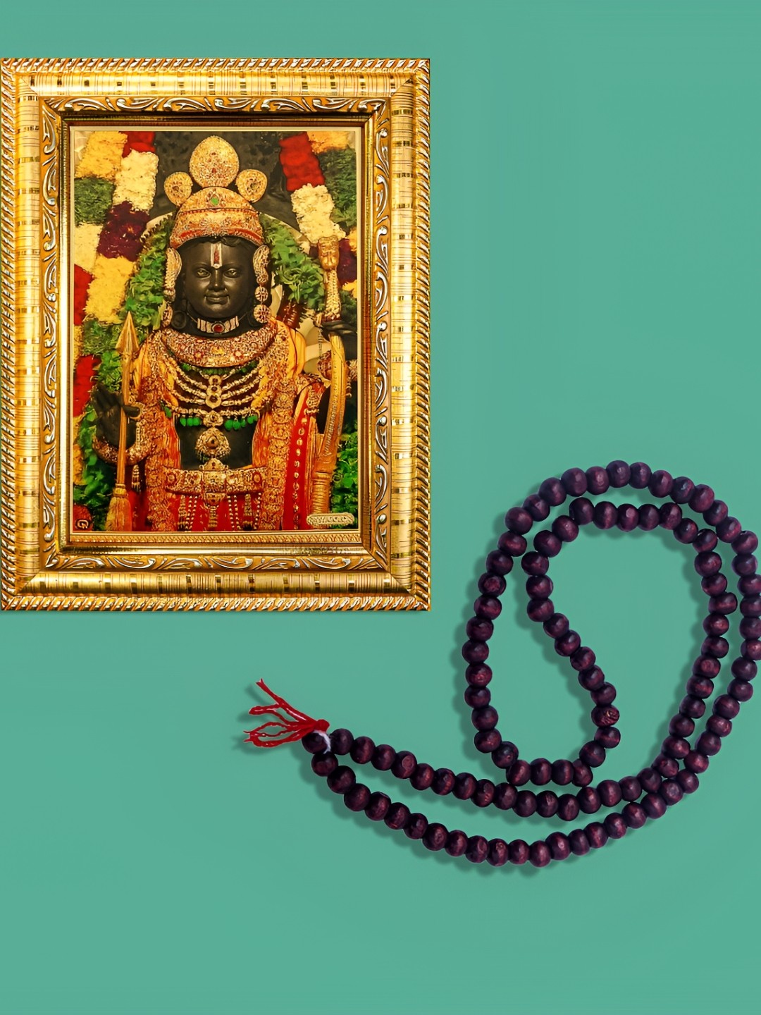 

Hawai Gold Toned & Green Ayodhya Bhagwan Ram Wooden Photo Frame With Mala