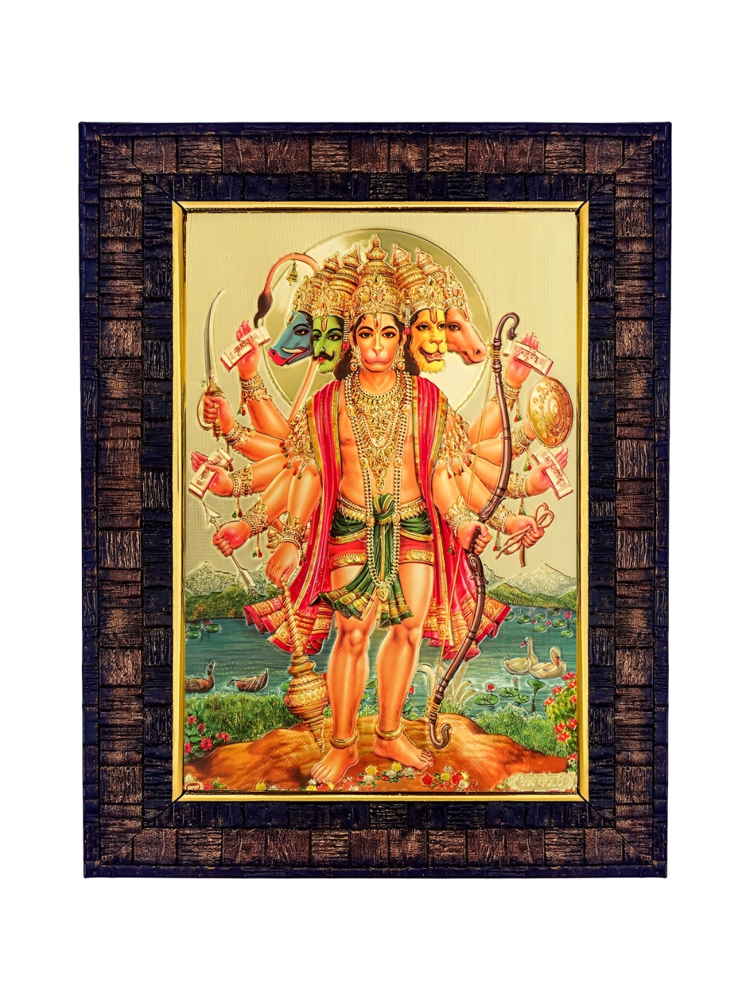 

Hawai Gold Plated Panchmukhi Hanuman Bajrang Bali Wooden Wall Photo Frame