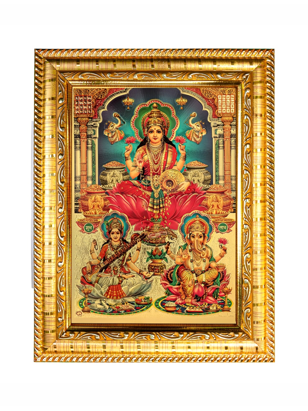 

Hawai Gold Plated Goddess Maha Laxmi Saraswati Ganesh Wooden Wall Hanging Photo Frame