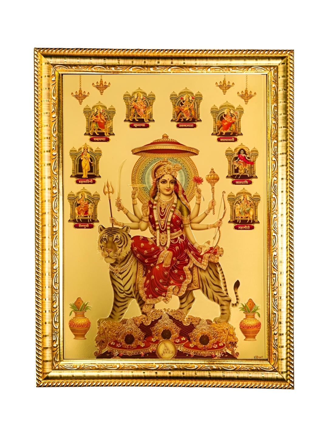 

Hawai Gold-Toned & Red Goddess Durga Sherawali Nava Durga Wooden Wall Photo Frame
