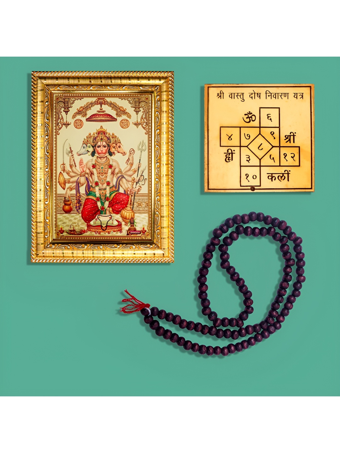 

Hawai Gold-Toned & Red Panchmukhi Hanuman Wooden Wall Photo Frame With Mala & Yantra