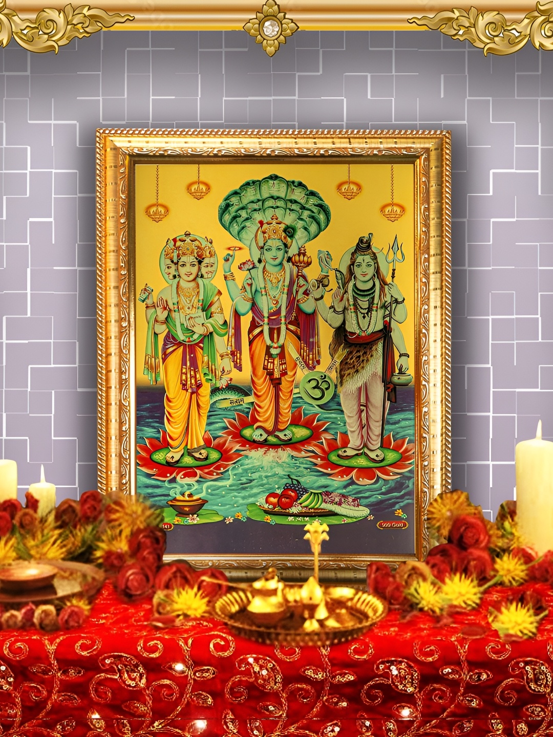 

Hawai Gold-Toned Gold Plated Lord Bramha Vishnu Mahesh Wooden Photo Frame