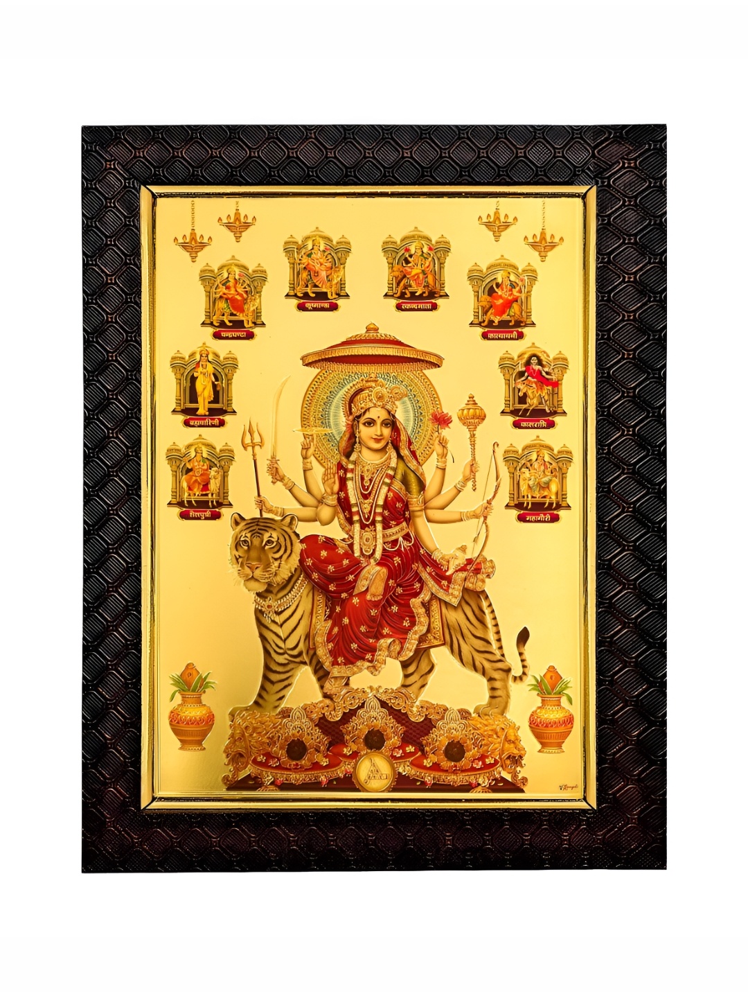 

Hawai Gold Plated Goddess Durga Sherawali Nava Durga Wooden Wall Photo Frame