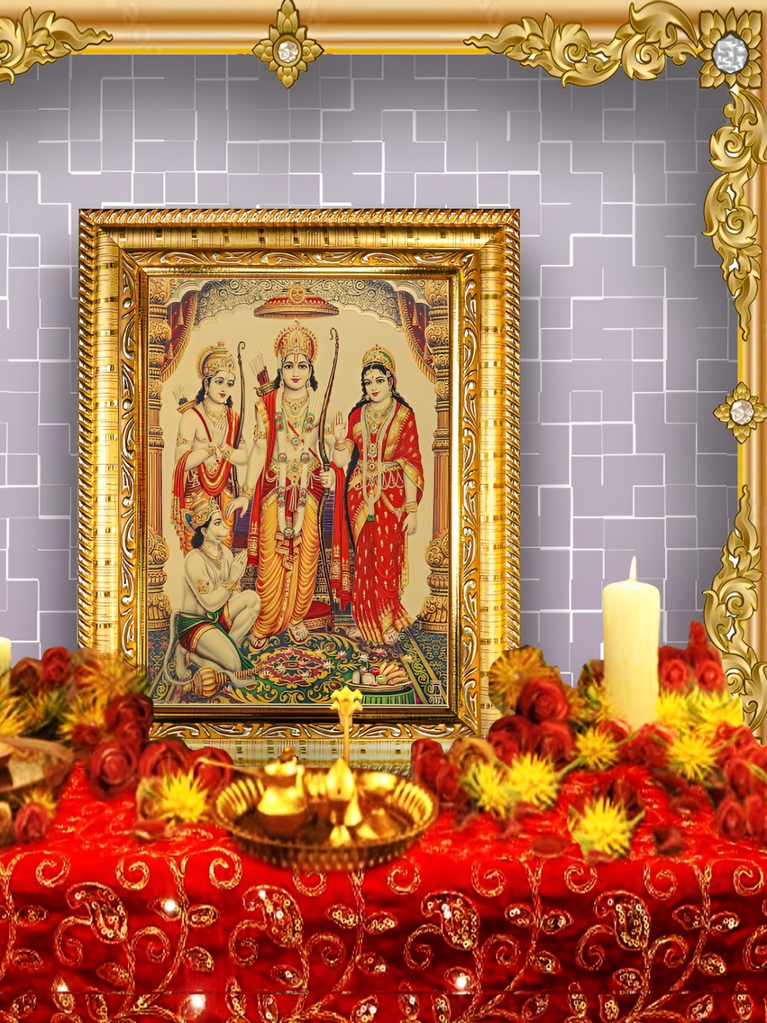 

Hawai Gold Plated Shree Ram Darbar Wooden Wall Photo Frame