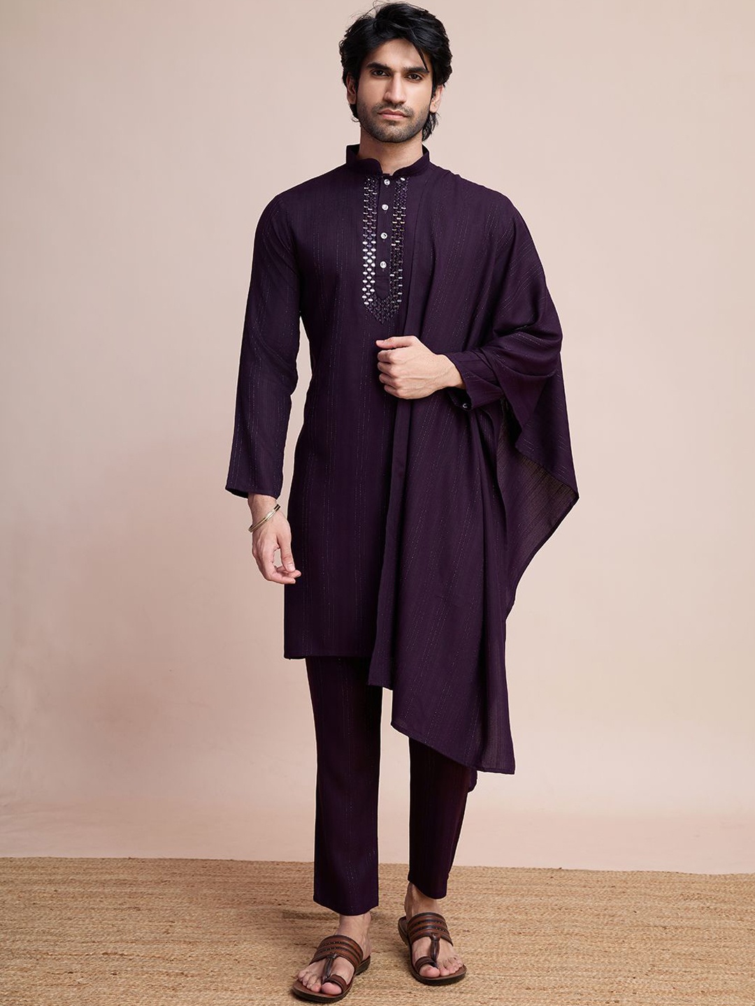 

SHUBHVASTRA Geometric Self Design Mirror Work Straight Kurta with Trousers & Dupatta, Purple