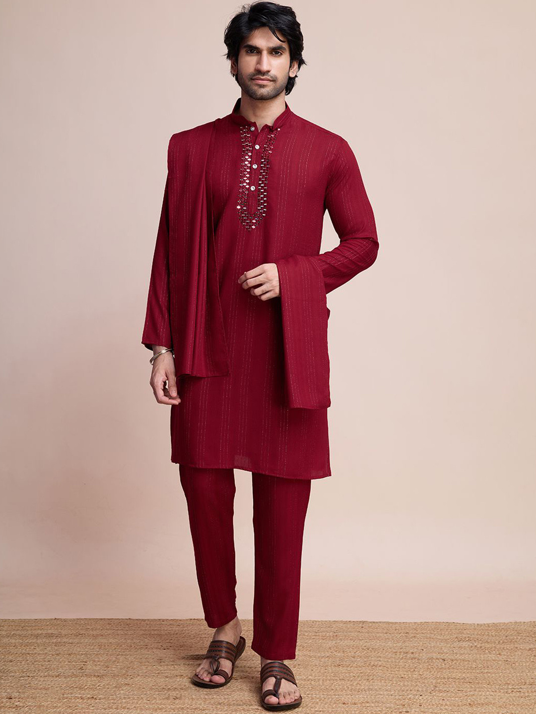 

SHUBHVASTRA Geometric Self Design Mirror Work Straight Kurta with Trousers & Dupatta, Maroon