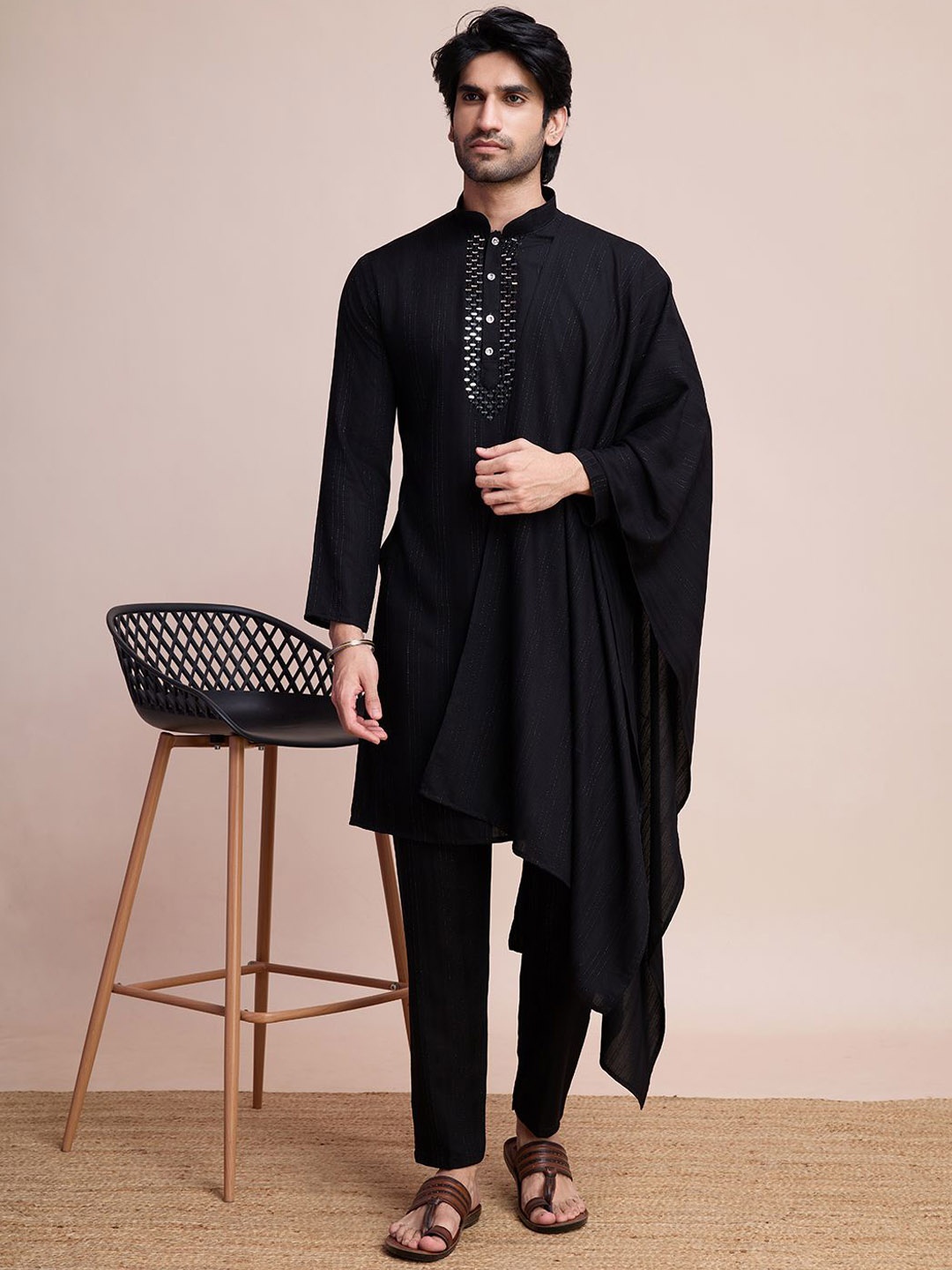 

SHUBHVASTRA Geometric Self Design Mirror Work Straight Kurta with Trousers & Dupatta, Black