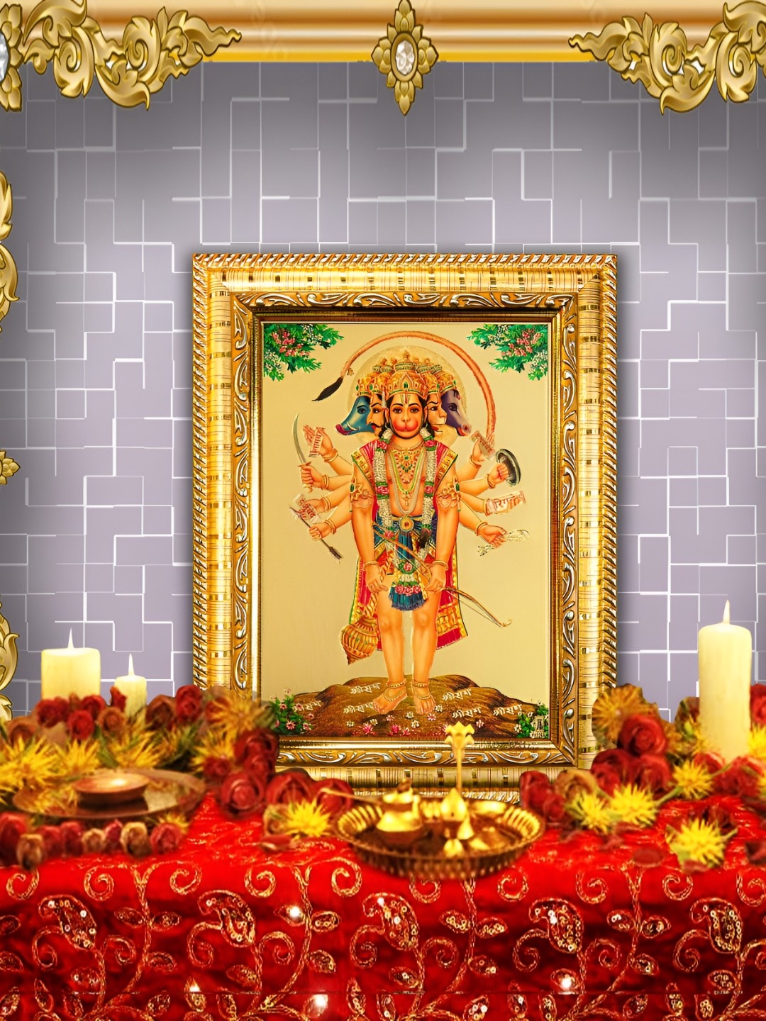 

Hawai Gold-Toned Panchmukhi Hanuman Bajrangbali Wooden Photo Frame