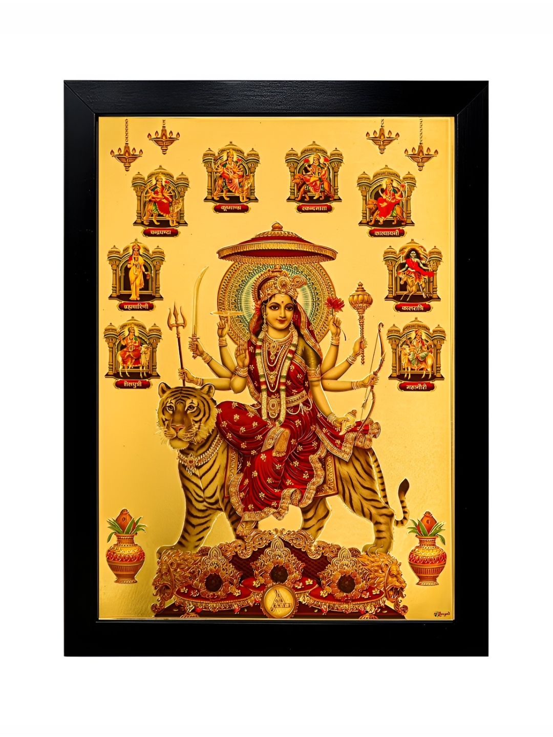 

Hawai Gold-Toned Goddess Durga Sherawali Nava Durga Wooden Photo Frame