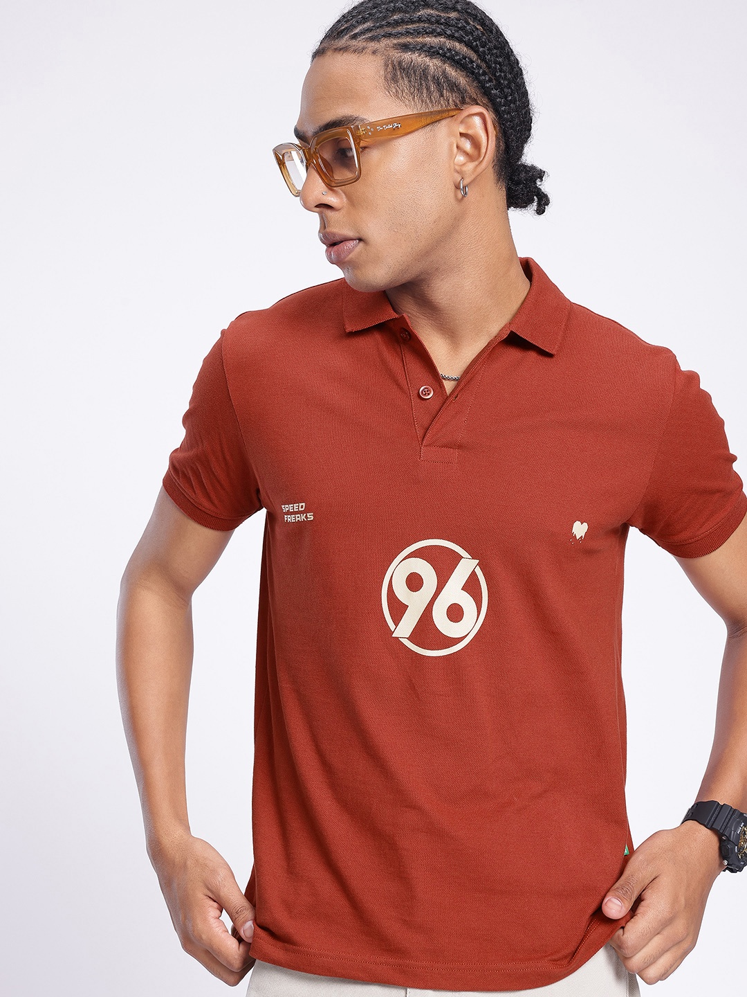 

glitchez Speed Vibes Printed Polo Collar T-shirt, Rust