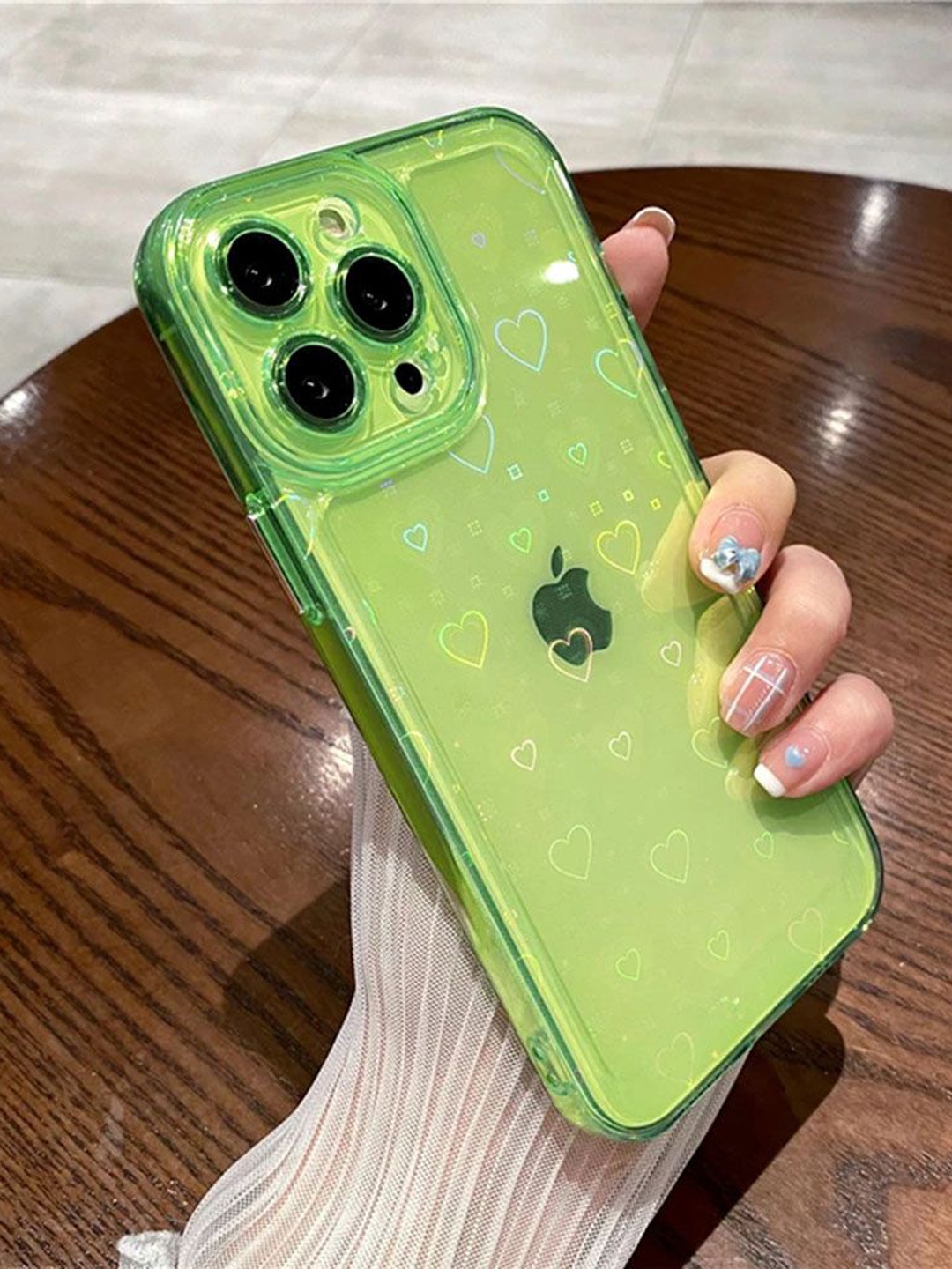 

Luxury Kase LK121 Abstract Printed iPhone 14 Pro Max 3D Laser Glitter Love Heart Back Case, Lime green