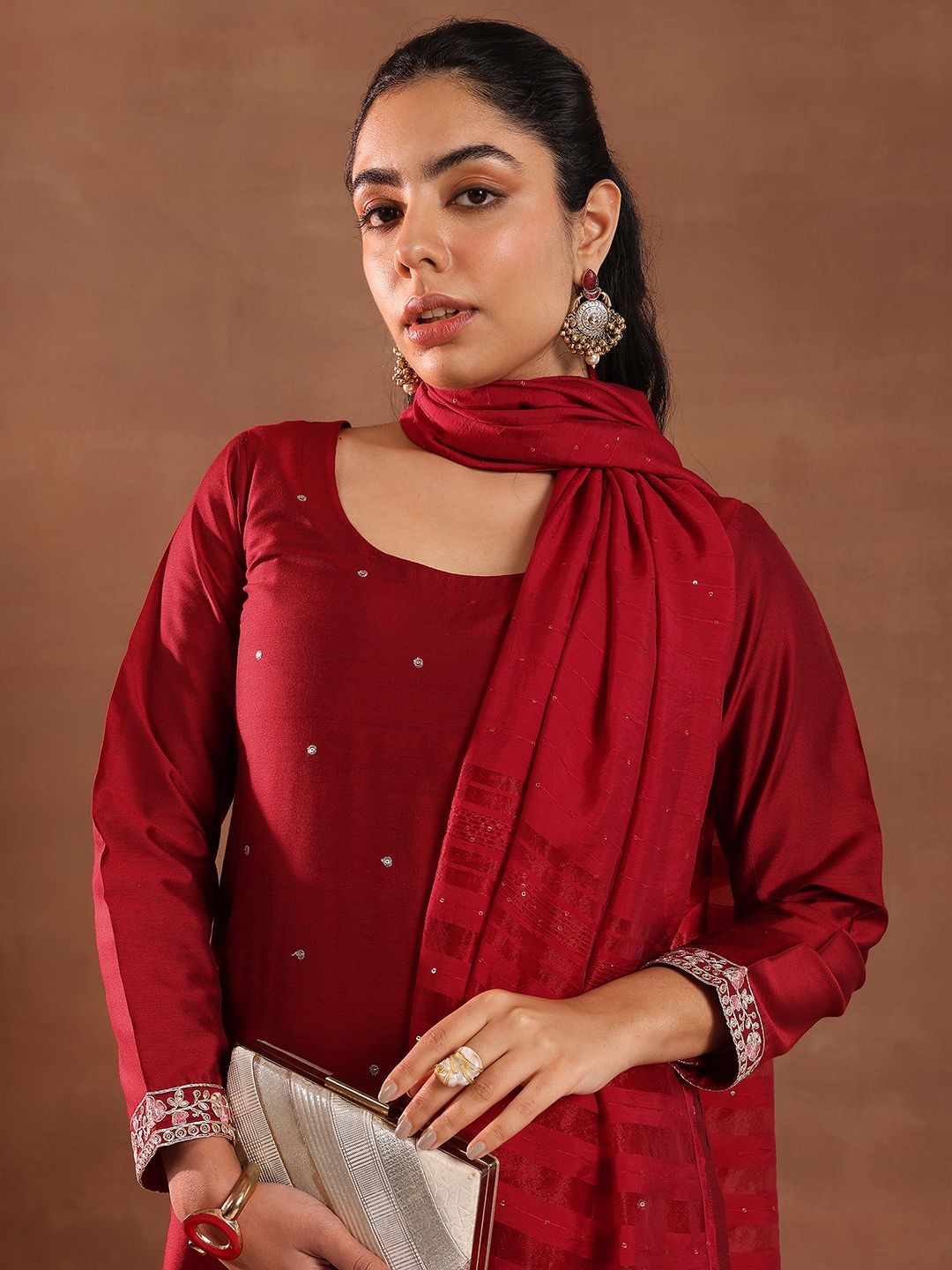 

Libas Floral Embroidered Sequinned Straight Kurta With Palazzo & Dupatta, Red
