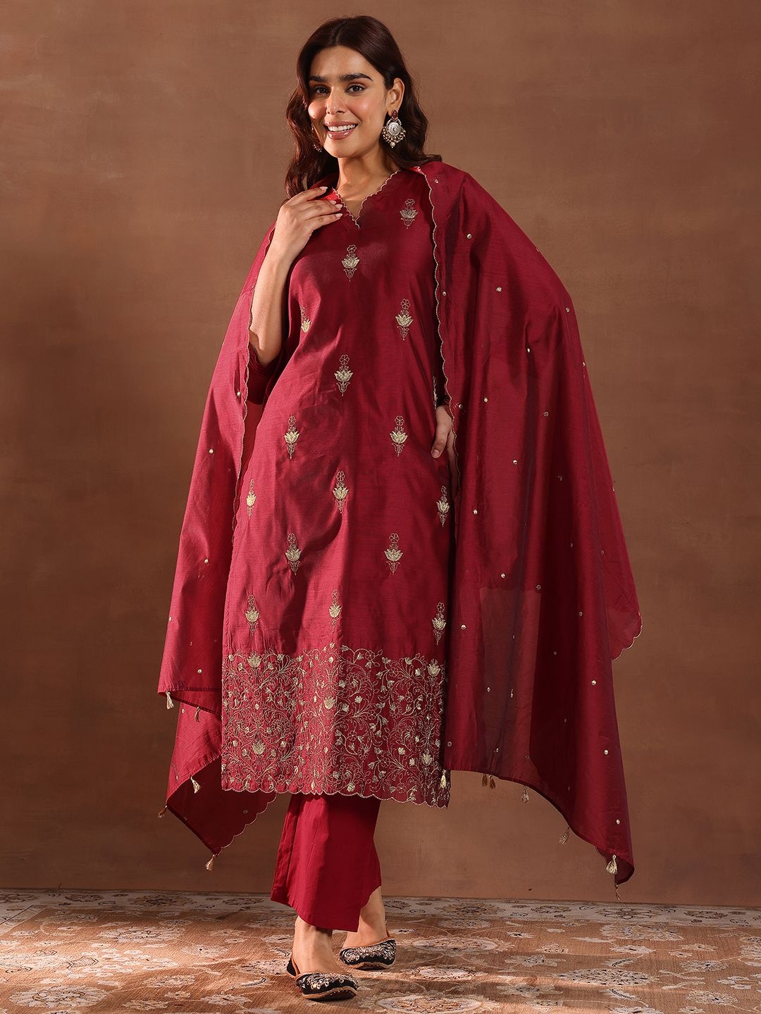 

Libas Floral Embroidered Chanderi Silk Kurta With Trousers & Dupatta, Maroon