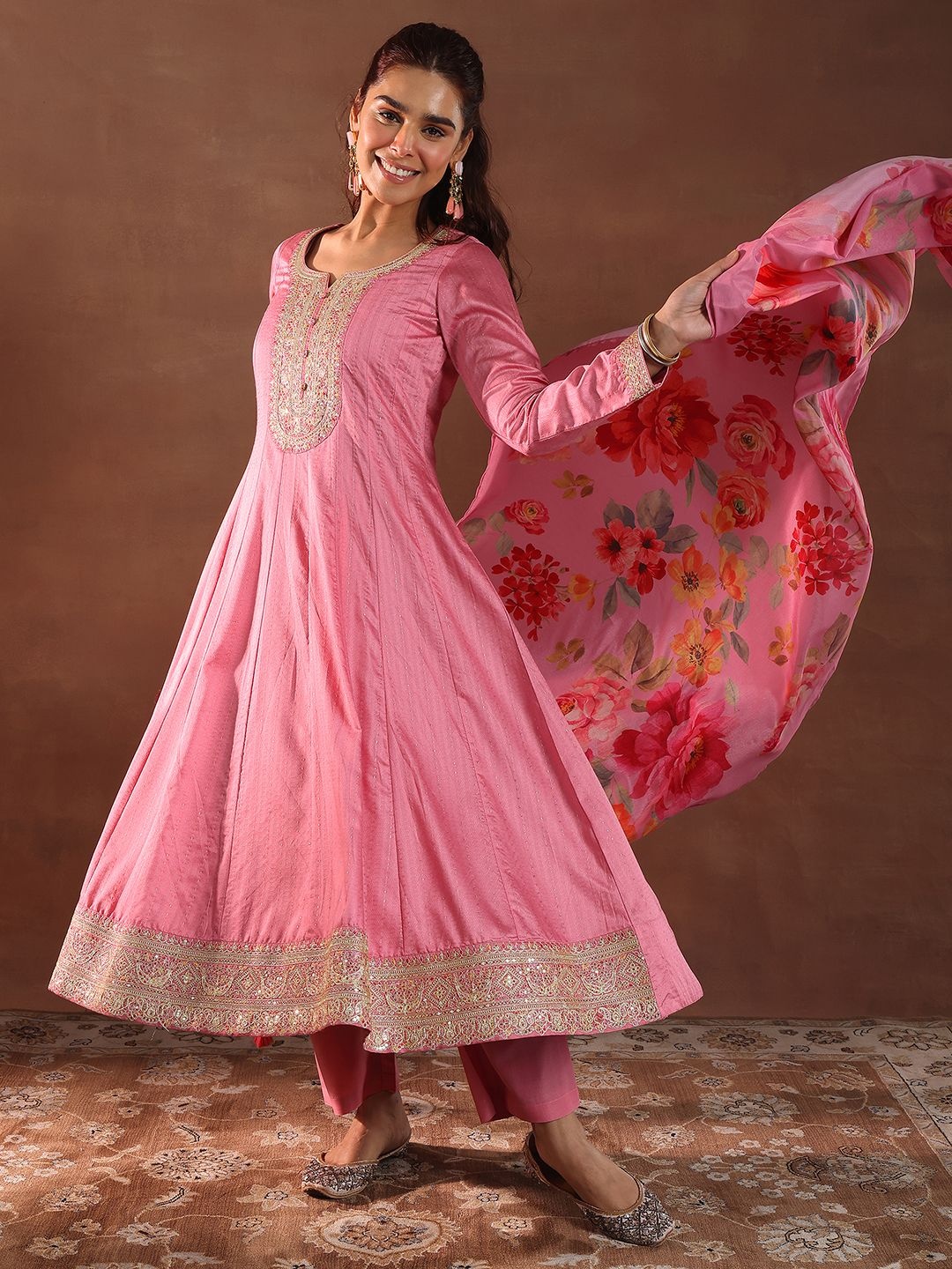 

Libas Floral Embroidered Panelled Anarkali Kurta with Trousers & Dupatta, Pink