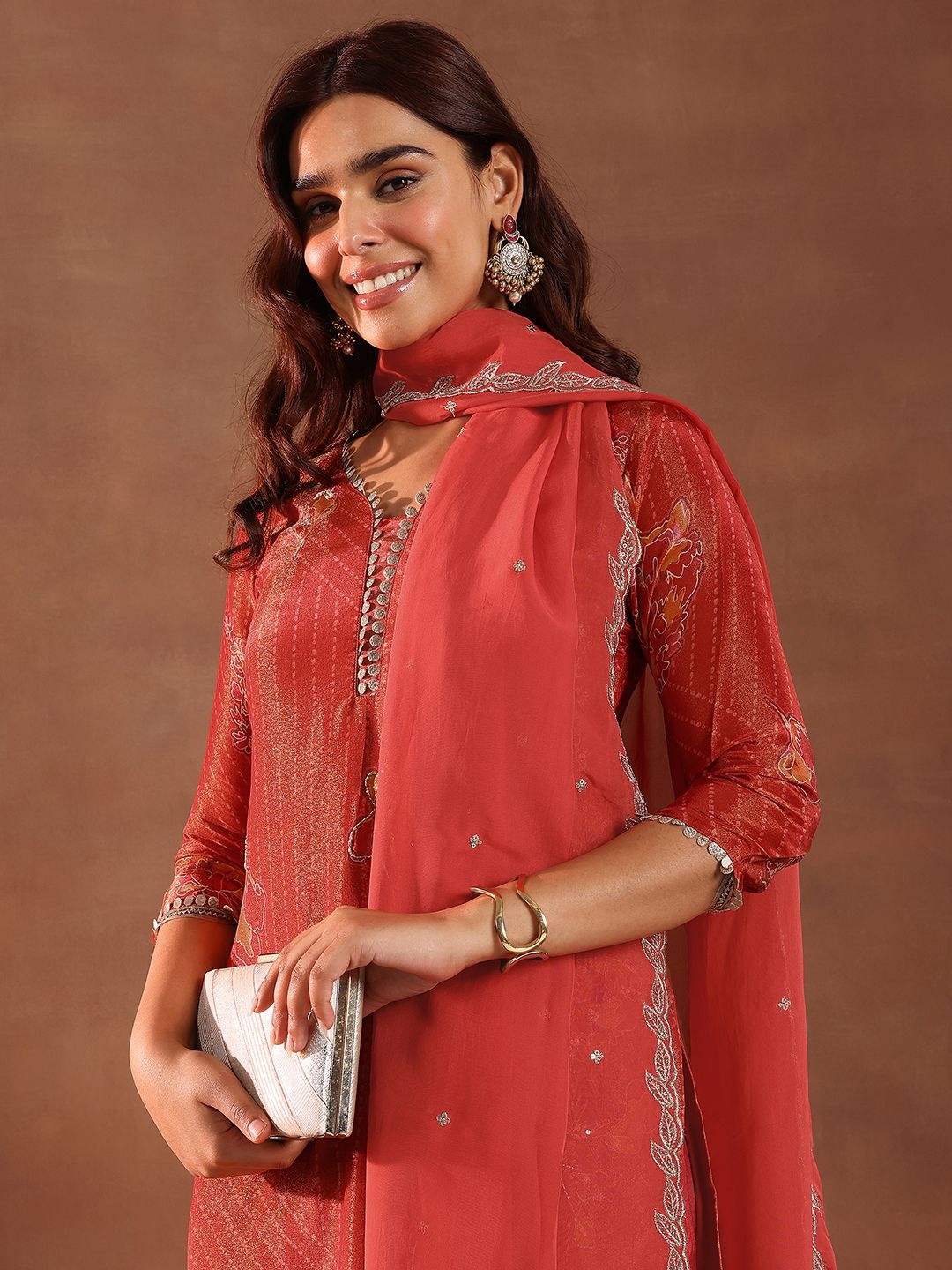 

Libas Floral Printed Sequinned Straight Kurta With Trousers & Dupatta, Red