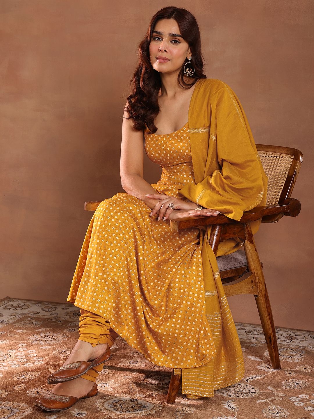 

Libas Bandhani Printed Pleated Anarkali Kurta with Churidar & Dupatta, Mustard