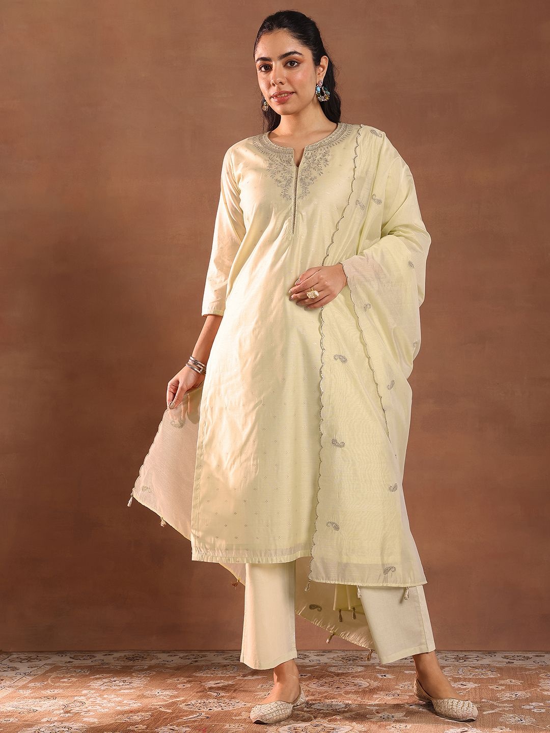 

Libas Floral Woven Design Thread Work Chanderi Silk Kurta With Trouser & Dupatta, Cream