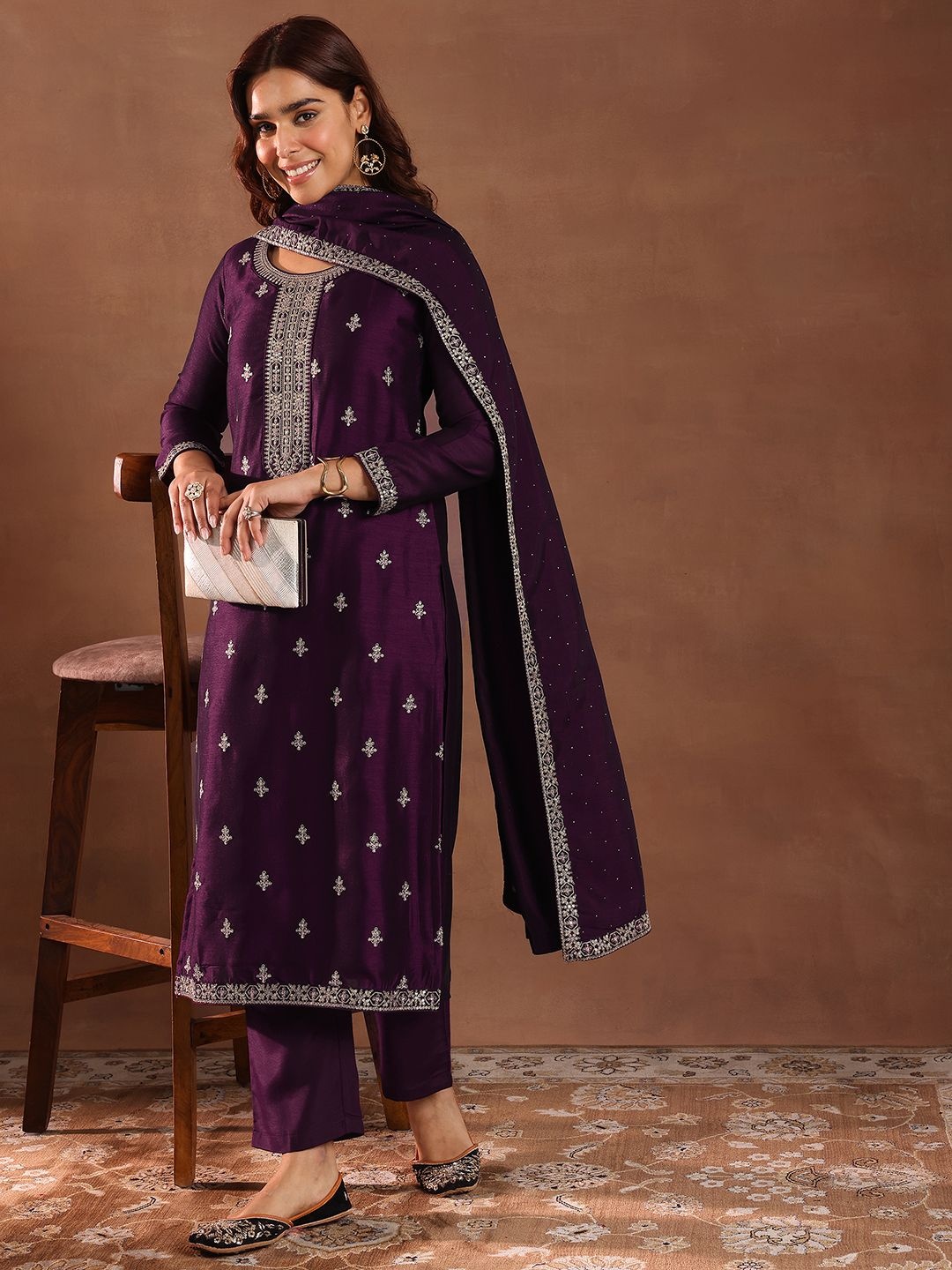 

Libas Ethnic Motifs Embroidered Sequinned Straight Kurta With Trousers & Dupatta, Burgundy