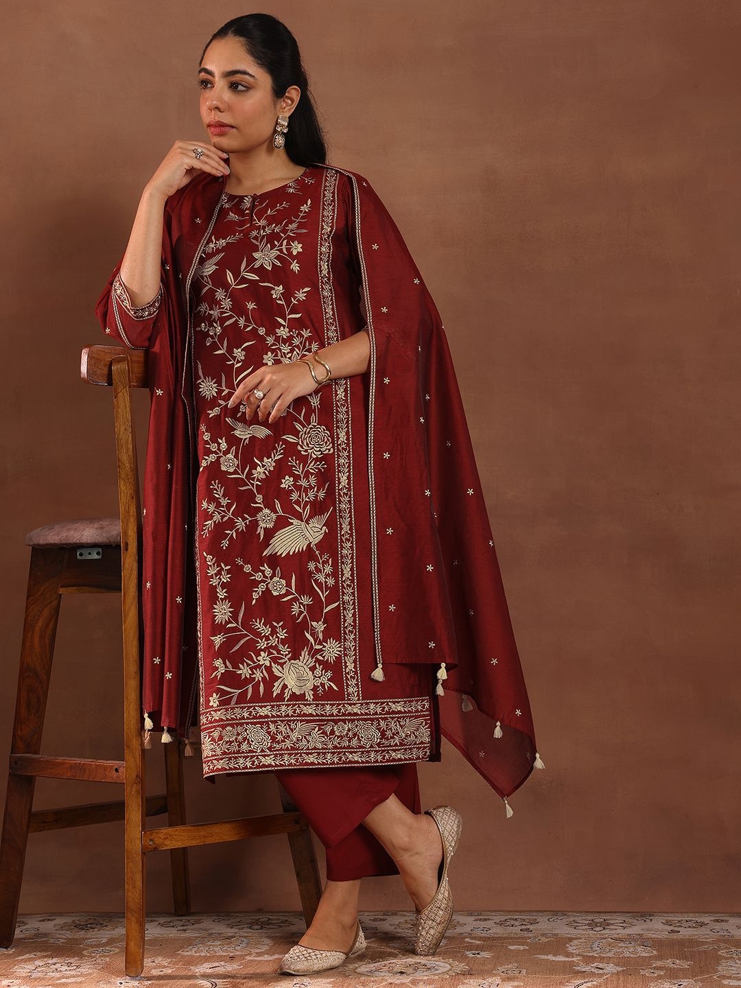 

Libas Floral Embroidered Chanderi Silk Kurta With Trousers & Dupatta, Maroon