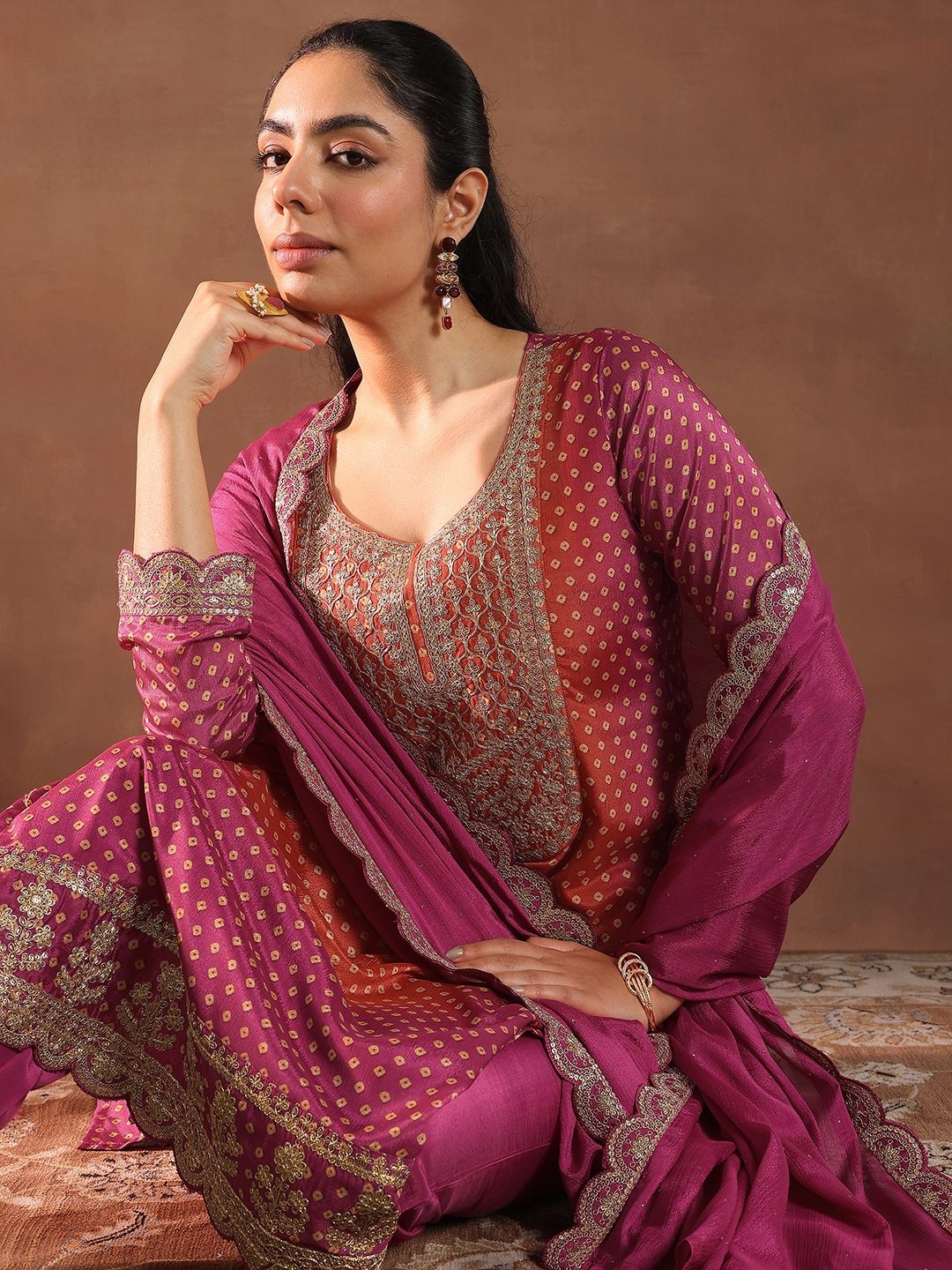 

Libas Bandhani Printed Thread Work Kurta With Trousers & Dupatta, Pink