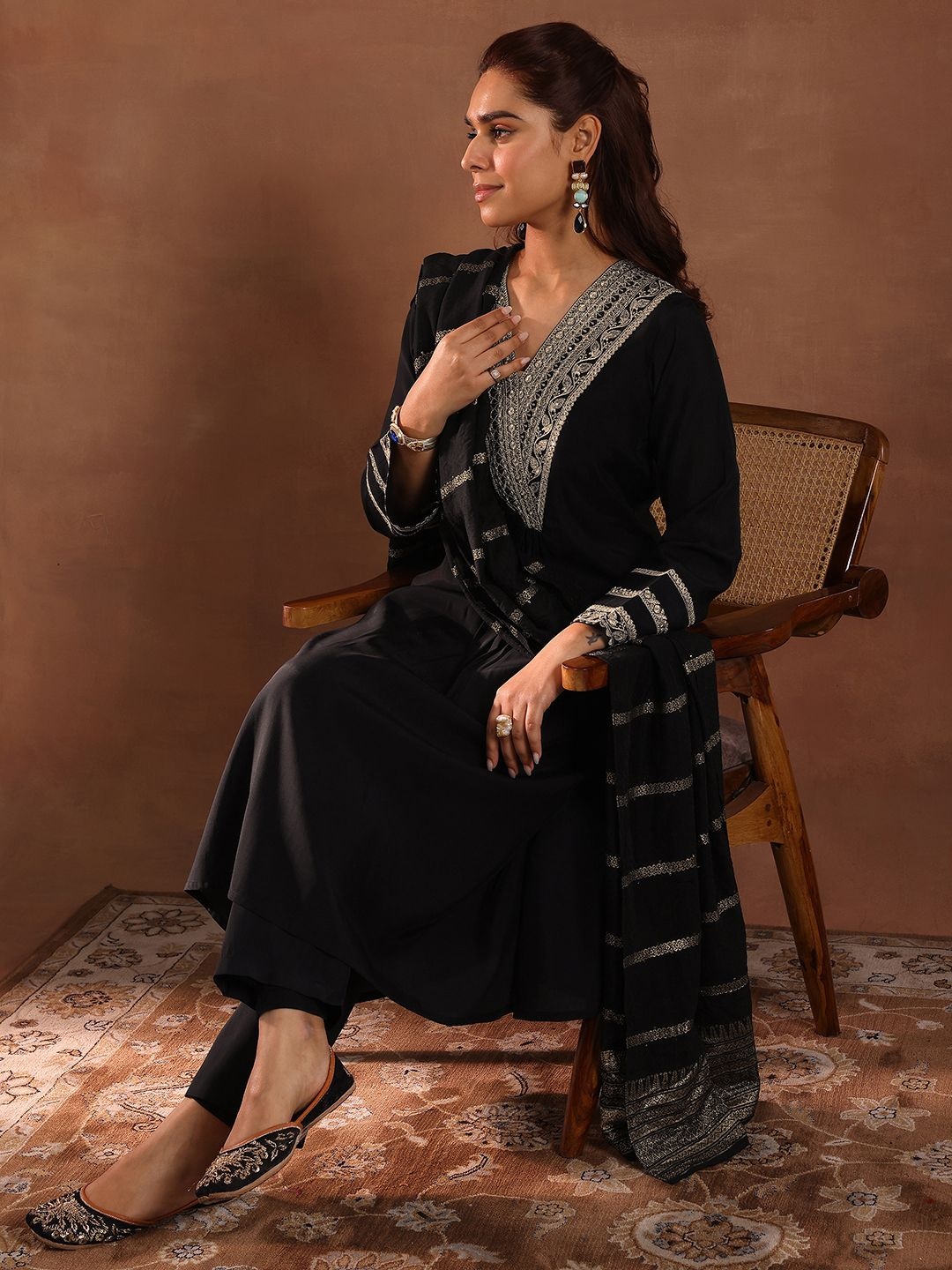 

Libas Floral Yoke Design Pleated Sequinned Kurta With Trousers & Dupatta, Black