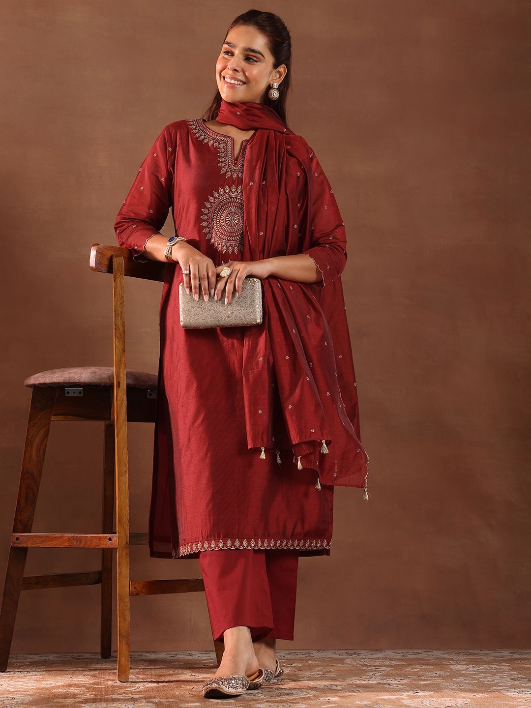 

Libas Ethnic Motifs Embroidered Sequinned Chanderi Silk Kurta With Trousers & Dupatta, Maroon