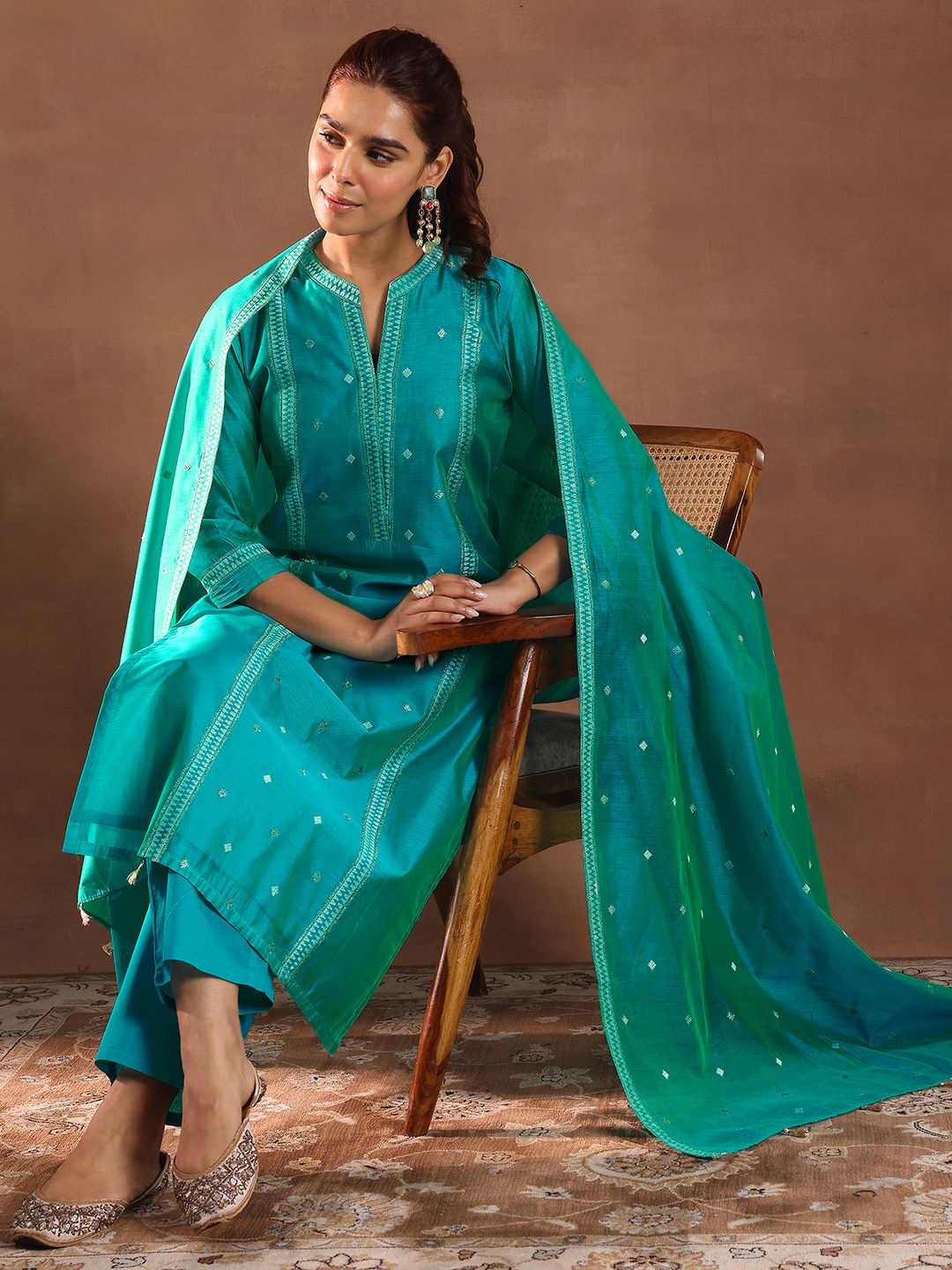 

Libas Geometric Embroidered Zari Chanderi Silk Straight Kurta with Trousers & Dupatta, Turquoise blue