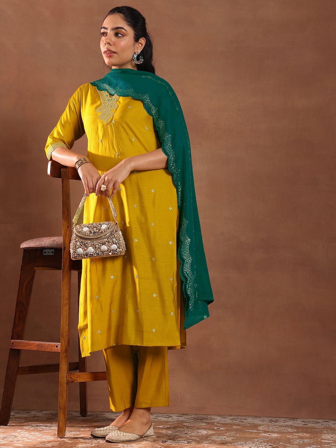 

Libas Floral Embroidered Sequinned Straight Kurta With Trousers & Dupatta, Mustard