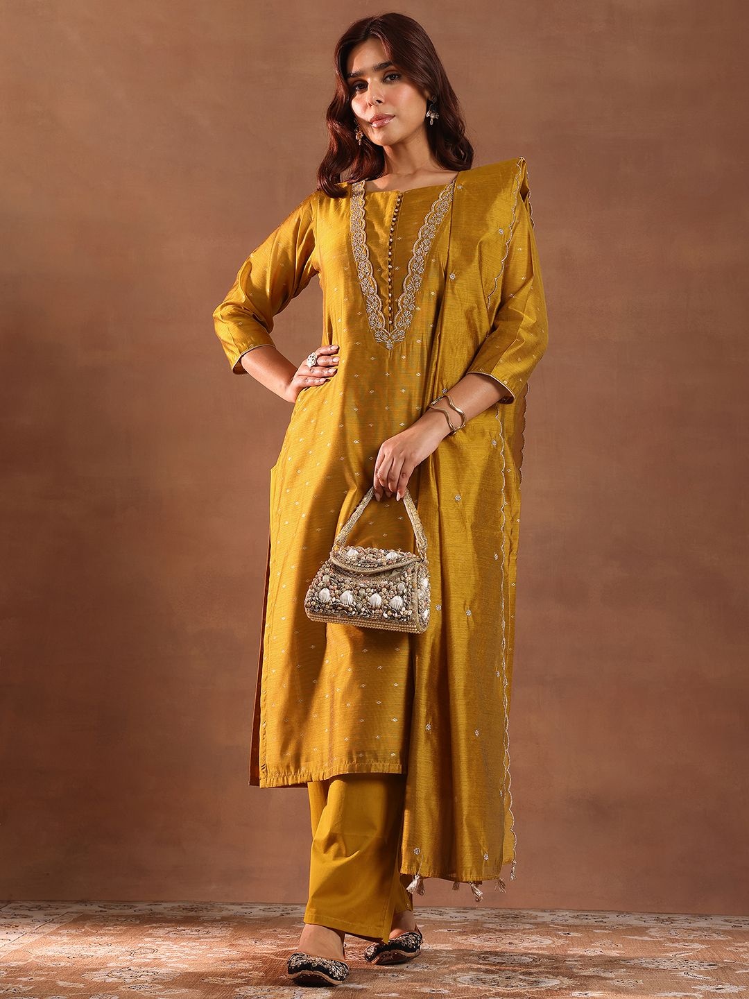 

Libas Ethnic Motifs Embroidered Chanderi Silk Straight Kurta with Trousers & Dupatta, Mustard