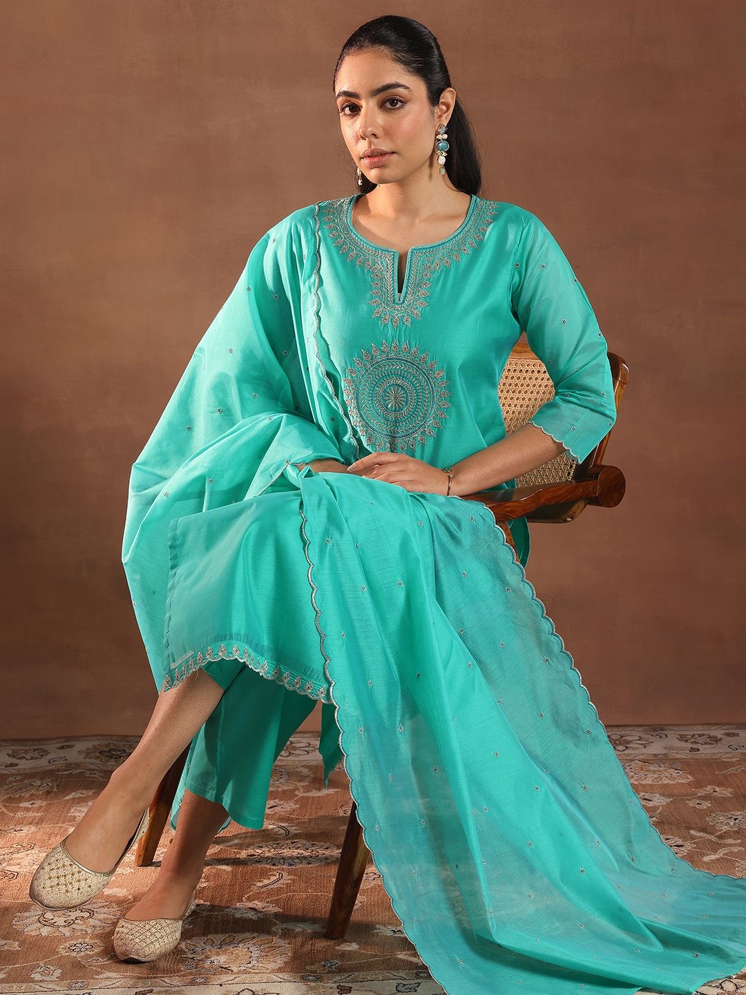 

Libas Ethnic Motifs Embroidered Chanderi Silk Straight Kurta With Trousers & Dupatta, Turquoise blue