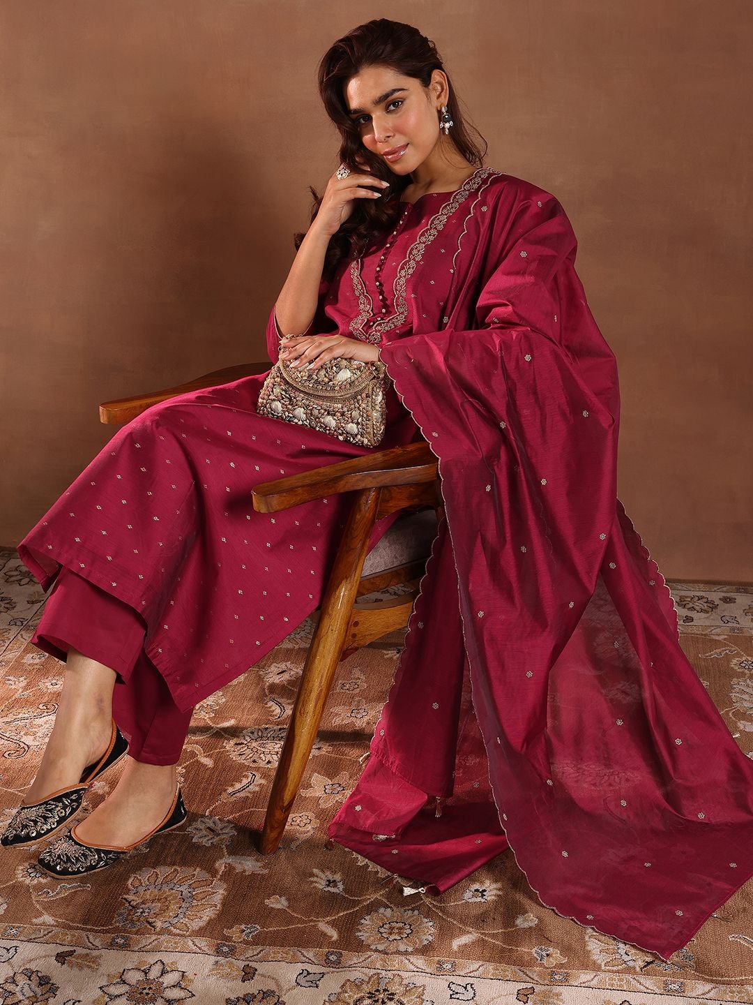 

Libas Ethnic Motifs Embroidered Zari Chanderi Silk Straight Kurta with Palazzos & Dupatta, Maroon