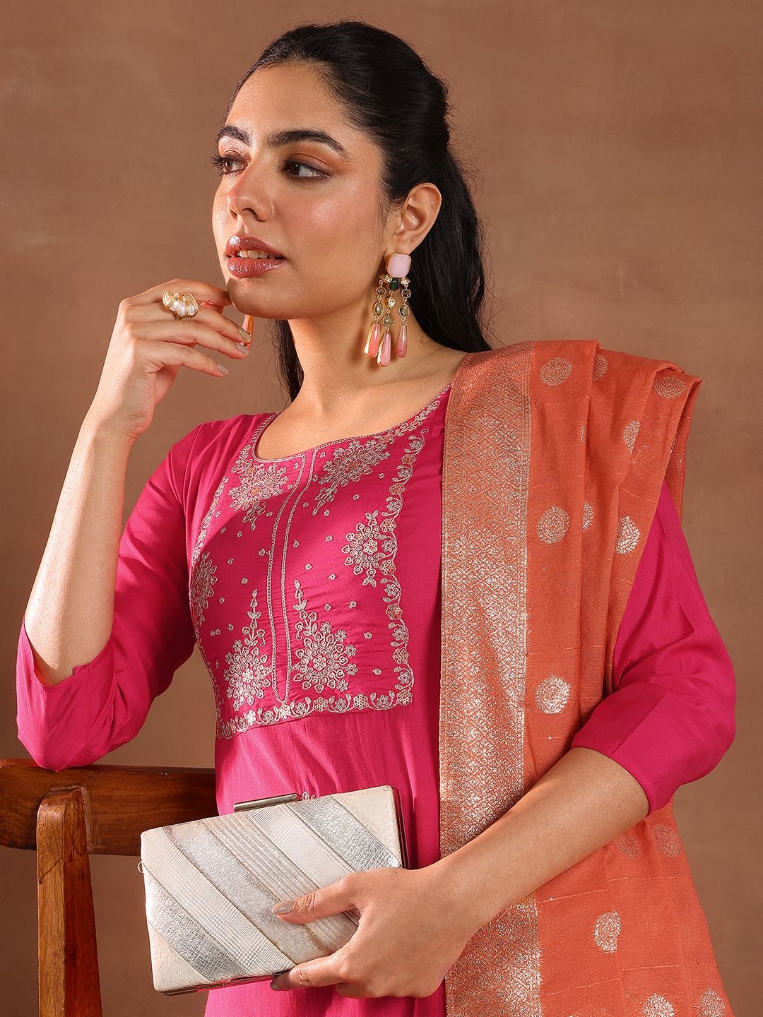 

Libas Floral Embroidered Sequinned Straight Kurta With Trousers & Dupatta, Pink