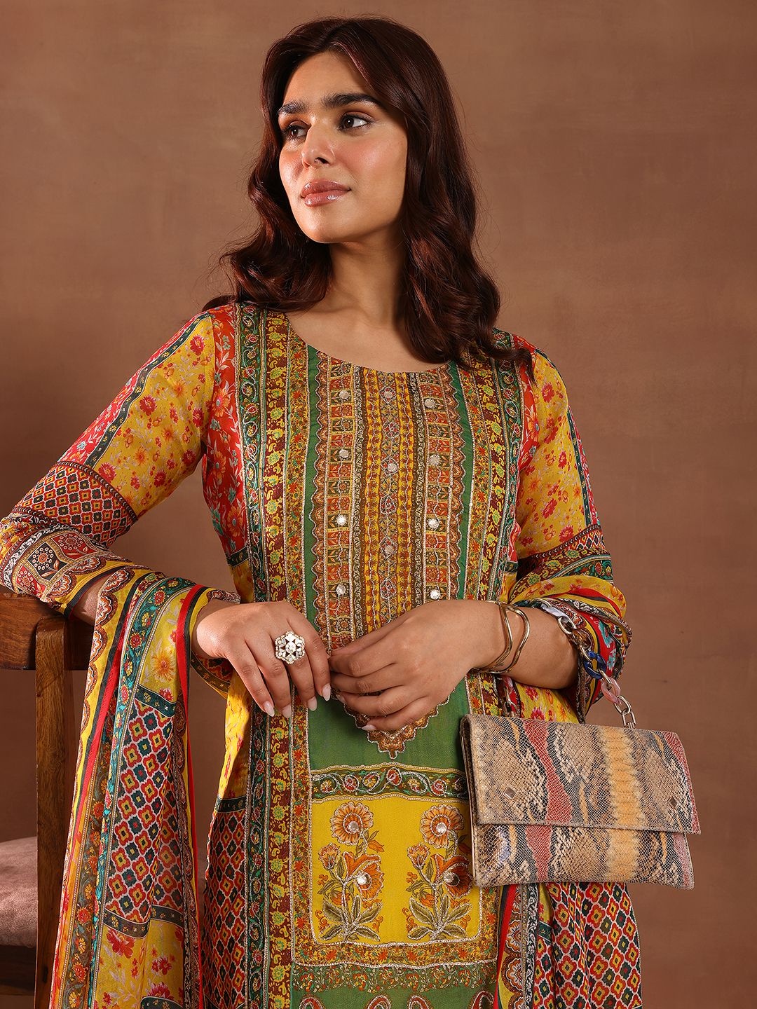 

Libas Floral Printed Round Neck Mirror Work Kurta With Trousers & Dupatta, Yellow
