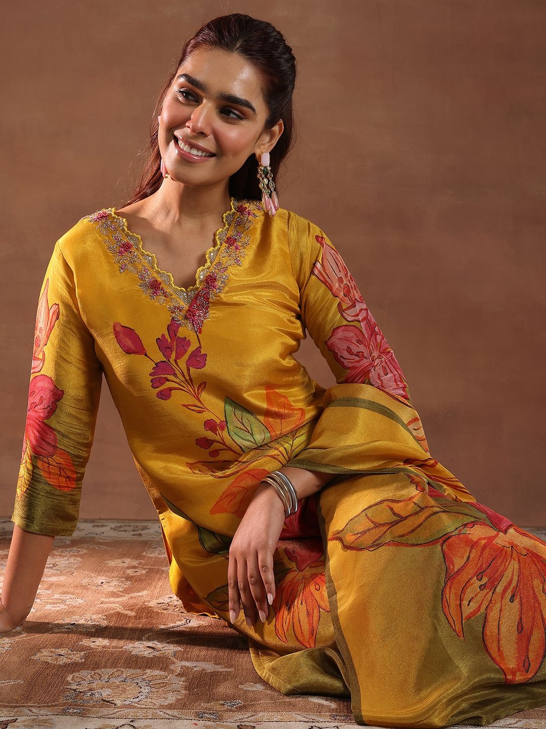 

Libas Floral Printed Thread Work Straight Kurta With Trousers & Dupatta, Mustard