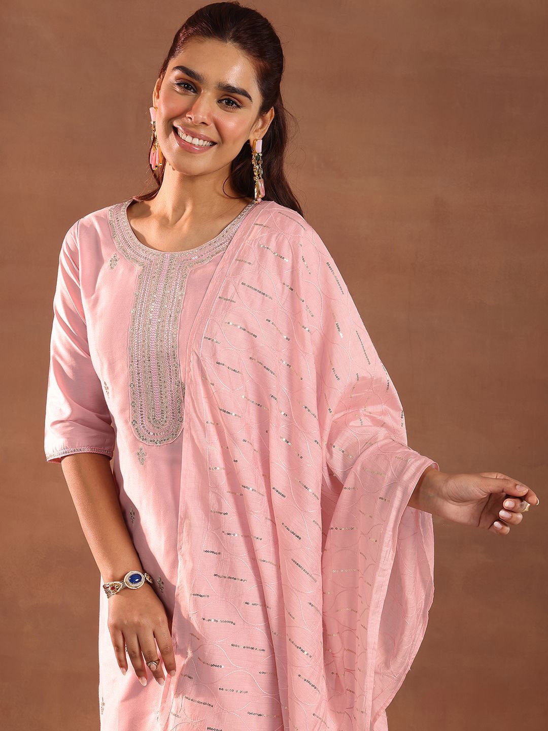 

Libas Floral Embroidered Sequinned Straight Kurta With Trousers & Dupatta, Pink